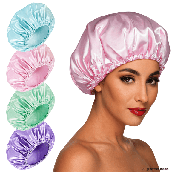 4 Pack Satin Waterproof Shower Caps, Reusable Double Layer Bath Hair Caps with Elastic Band, Large Satin Shower Bonnets for Long Curly Hair Shower Spa Beauty