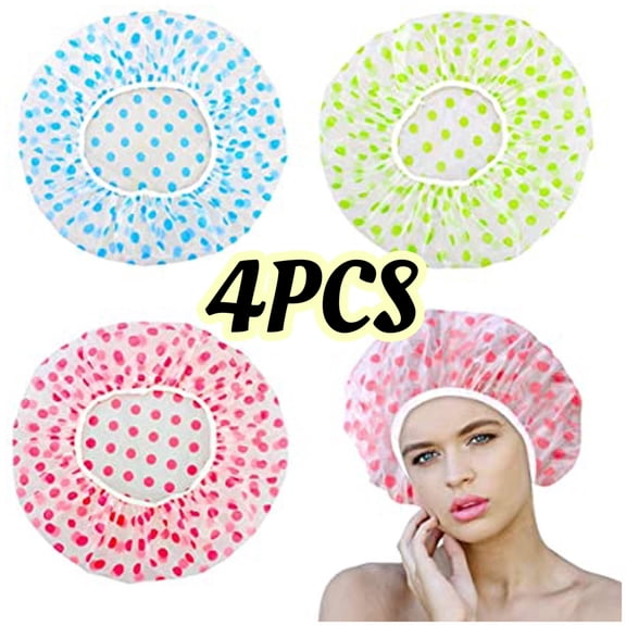 Shower Caps, 4 Pcs Waterproof Bath Caps Plastic Reusable Shower Caps Elastic Band Bath Hair Hat for Women Men Kids