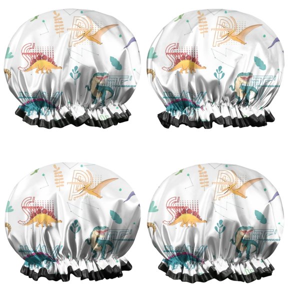 Shower Caps,Alphabet Dinosaur Names Chart Pattern Waterproof Shower Cap for Women 4 Pieces,Double Reusable Hair Cover for Shower PEVA Elastic Stretch Hem