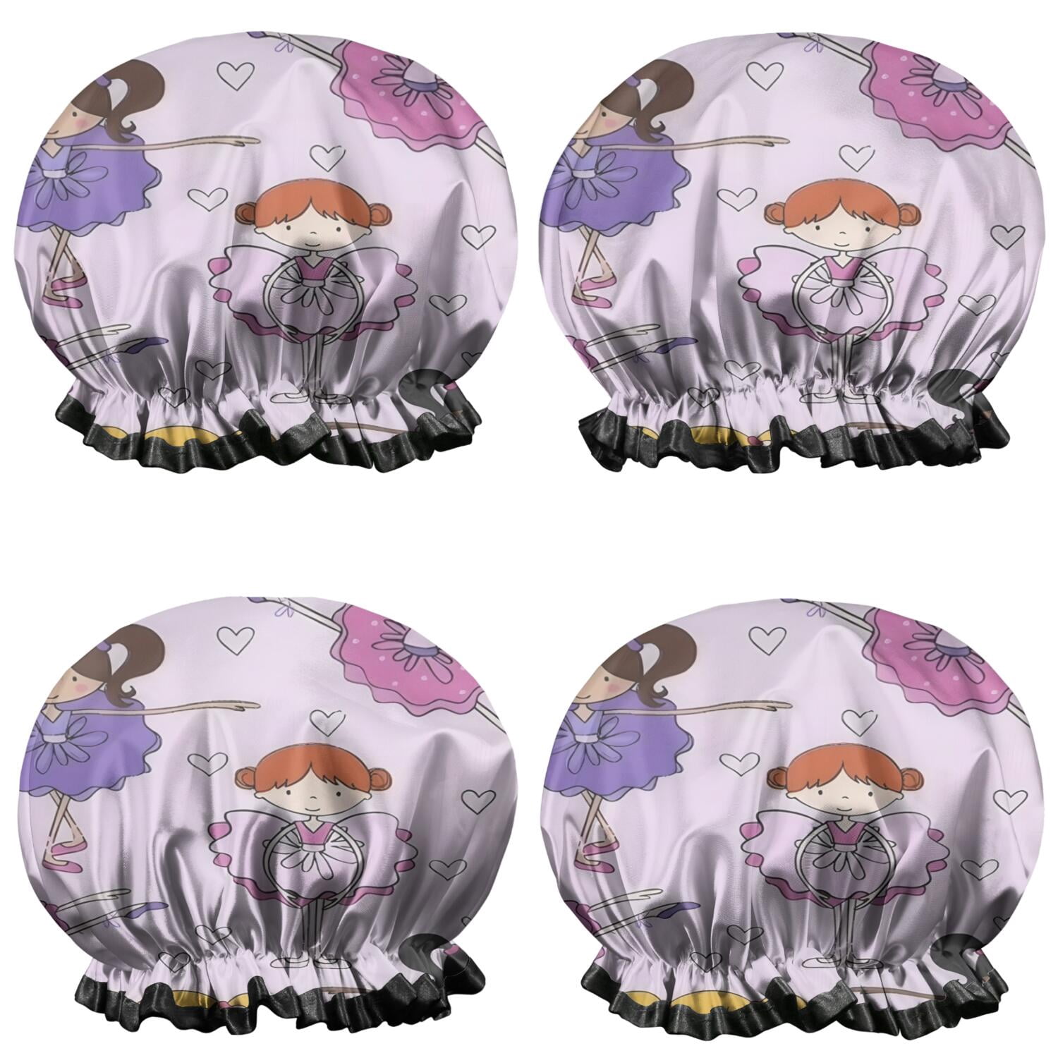 Shower Caps,Ballet Princess Girls Pattern Waterproof Shower Cap for Women 4 Pieces,Double Reusable Hair Cover for Shower PEVA Elastic Stretch Hem