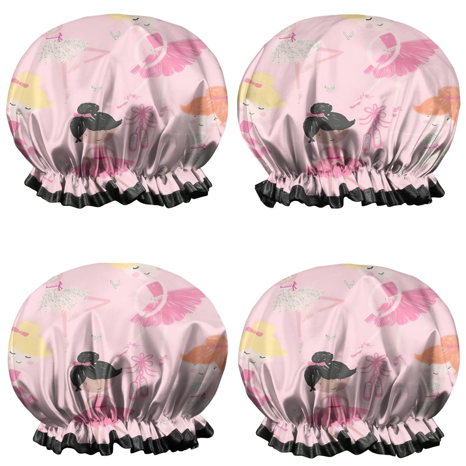 Shower Caps,Ballet Princess Pattern Waterproof Shower Cap for Women 4 Pieces,Double Reusable Hair Cover for Shower PEVA Elastic Stretch Hem