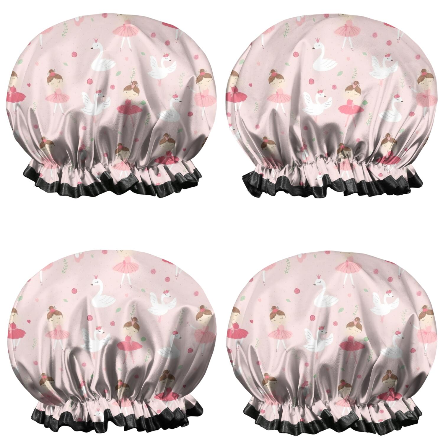 Shower Caps,Ballet Swan Princess Pattern Waterproof Shower Cap for Women 4 Pieces,Double Reusable Hair Cover for Shower PEVA Elastic Stretch Hem