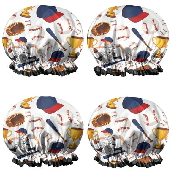 Shower Caps,Baseball Elements and Trophies Pattern Waterproof Shower Cap for Women 4 Pieces,Double Reusable Hair Cover for Shower PEVA Elastic Stretch Hem