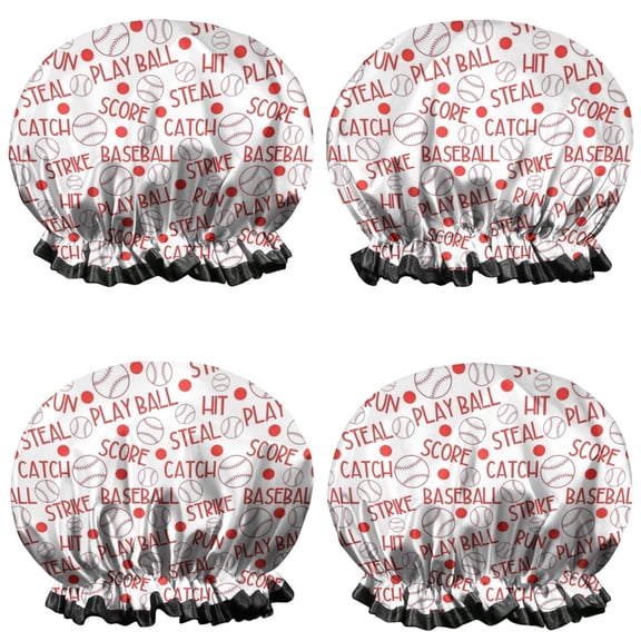Shower Caps,Baseball Word Pattern Waterproof Shower Cap for Women 4 Pieces,Double Reusable Hair Cover for Shower PEVA Elastic Stretch Hem
