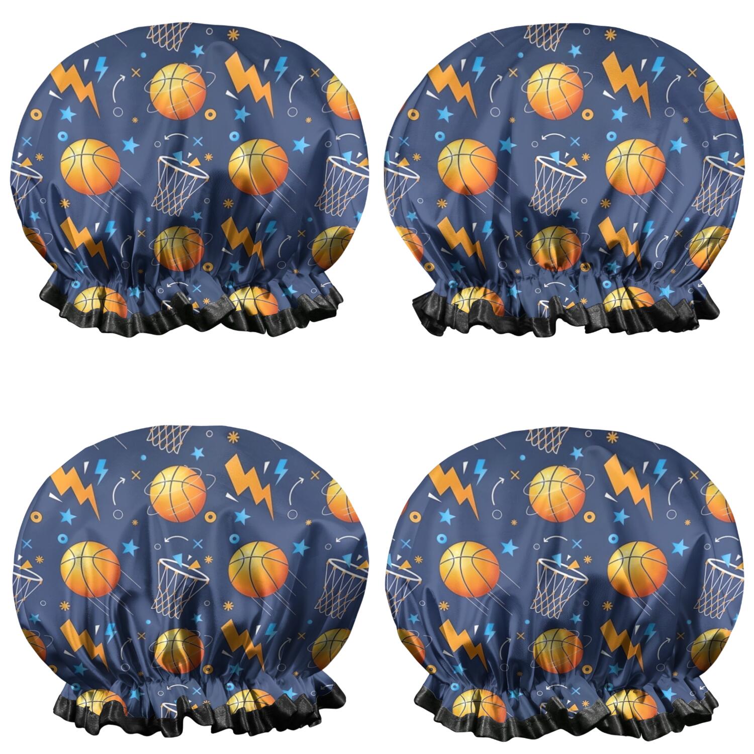 Shower Caps,Basketball Theme Pattern Waterproof Shower Cap for Women 4 Pieces,Double Reusable Hair Cover for Shower PEVA Elastic Stretch Hem