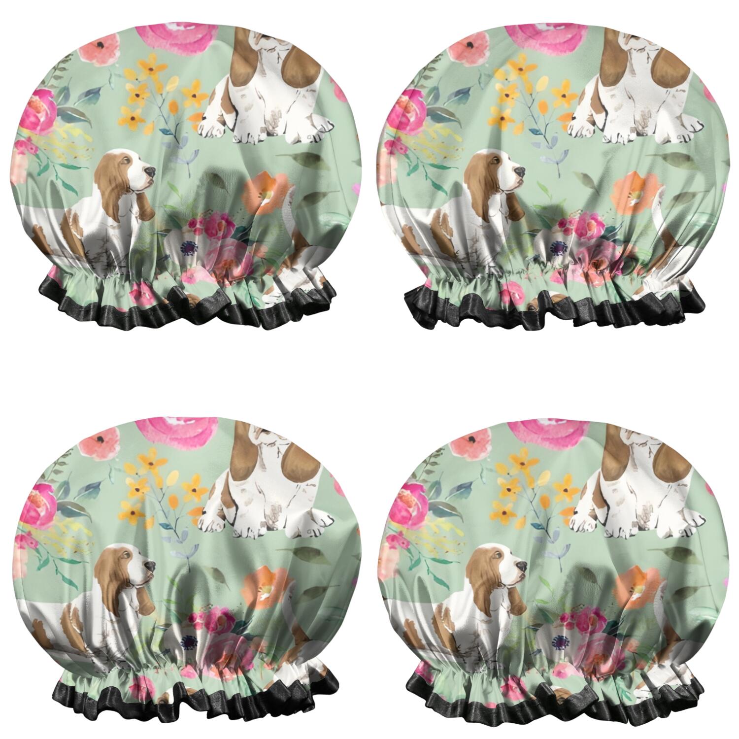 Shower Caps,Basset Hound and Pioneer Flower Waterproof Shower Cap for Women 4 Pieces,Double Reusable Hair Cover for Shower PEVA Elastic Stretch Hem