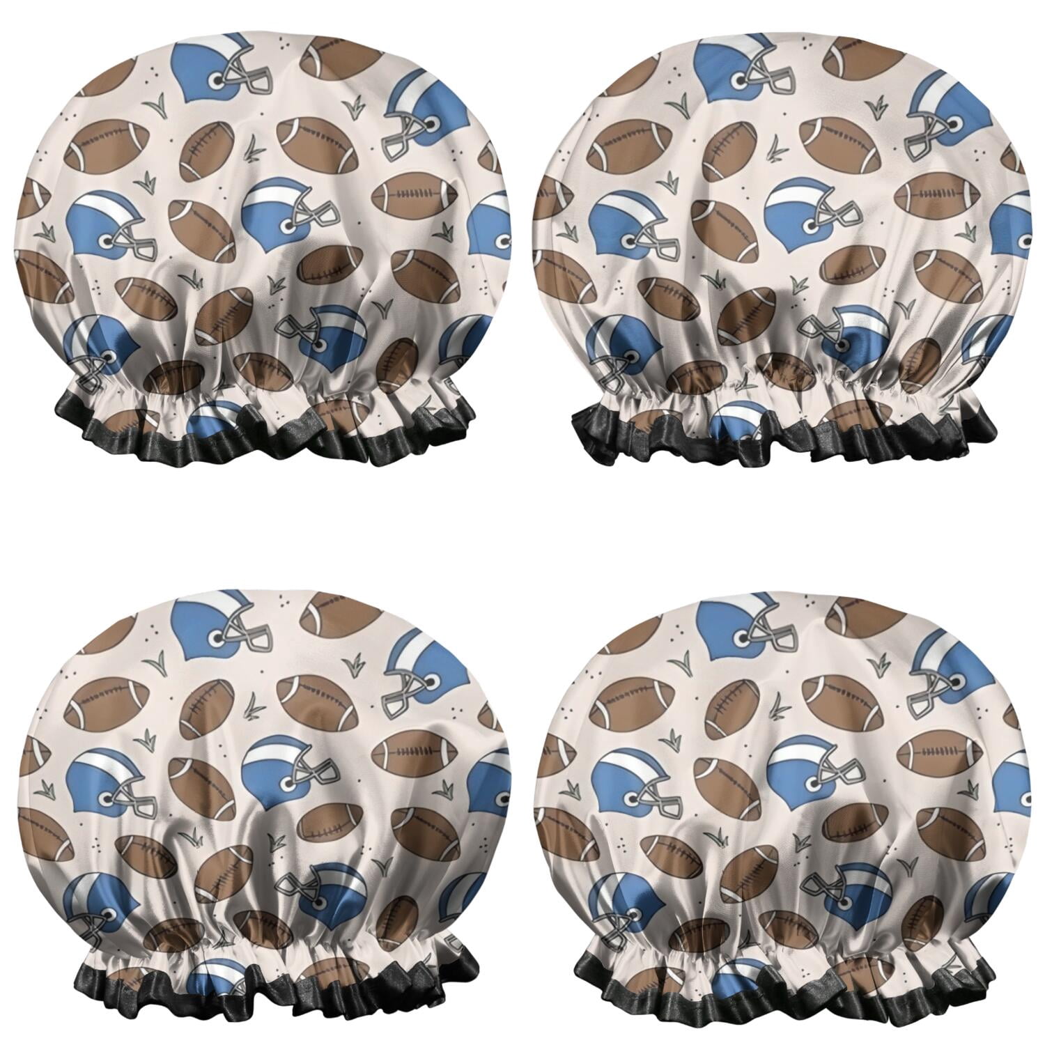 Shower Caps,Beige Background Football Helmets Pattern Waterproof Shower Cap for Women 4 Pieces,Double Reusable Hair Cover for Shower PEVA Elastic Stretch Hem