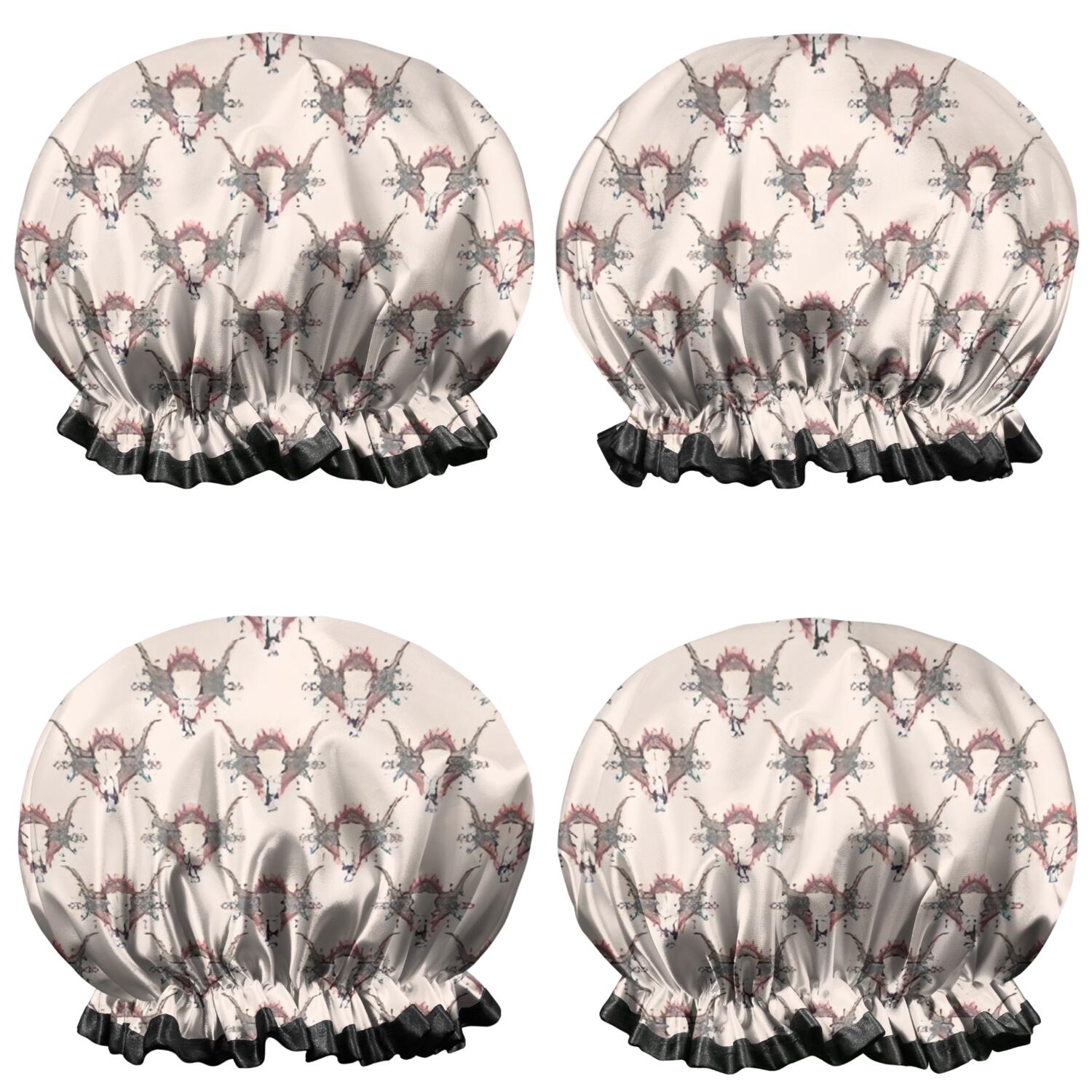 Shower Caps,Beige Buffalo Skull Pattern Waterproof Shower Cap for Women 4 Pieces,Double Reusable Hair Cover for Shower PEVA Elastic Stretch Hem