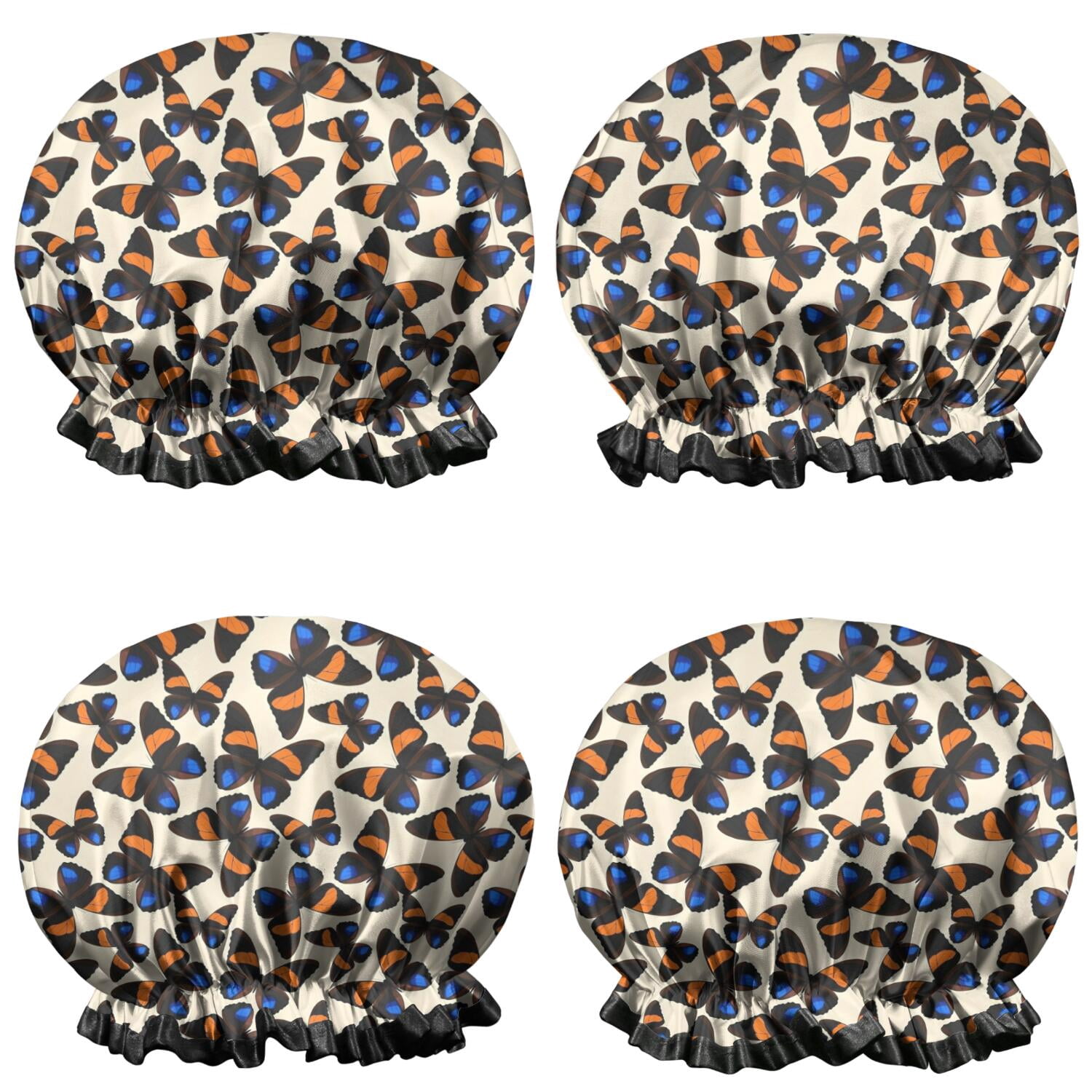 Shower Caps,Beige Butterfly Blue Orange Pattern Waterproof Shower Cap for Women 4 Pieces,Double Reusable Hair Cover for Shower PEVA Elastic Stretch Hem