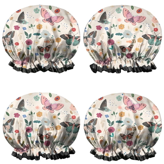 Shower Caps,Beige Butterfly Flower Pattern Waterproof Shower Cap for Women 4 Pieces,Double Reusable Hair Cover for Shower PEVA Elastic Stretch Hem
