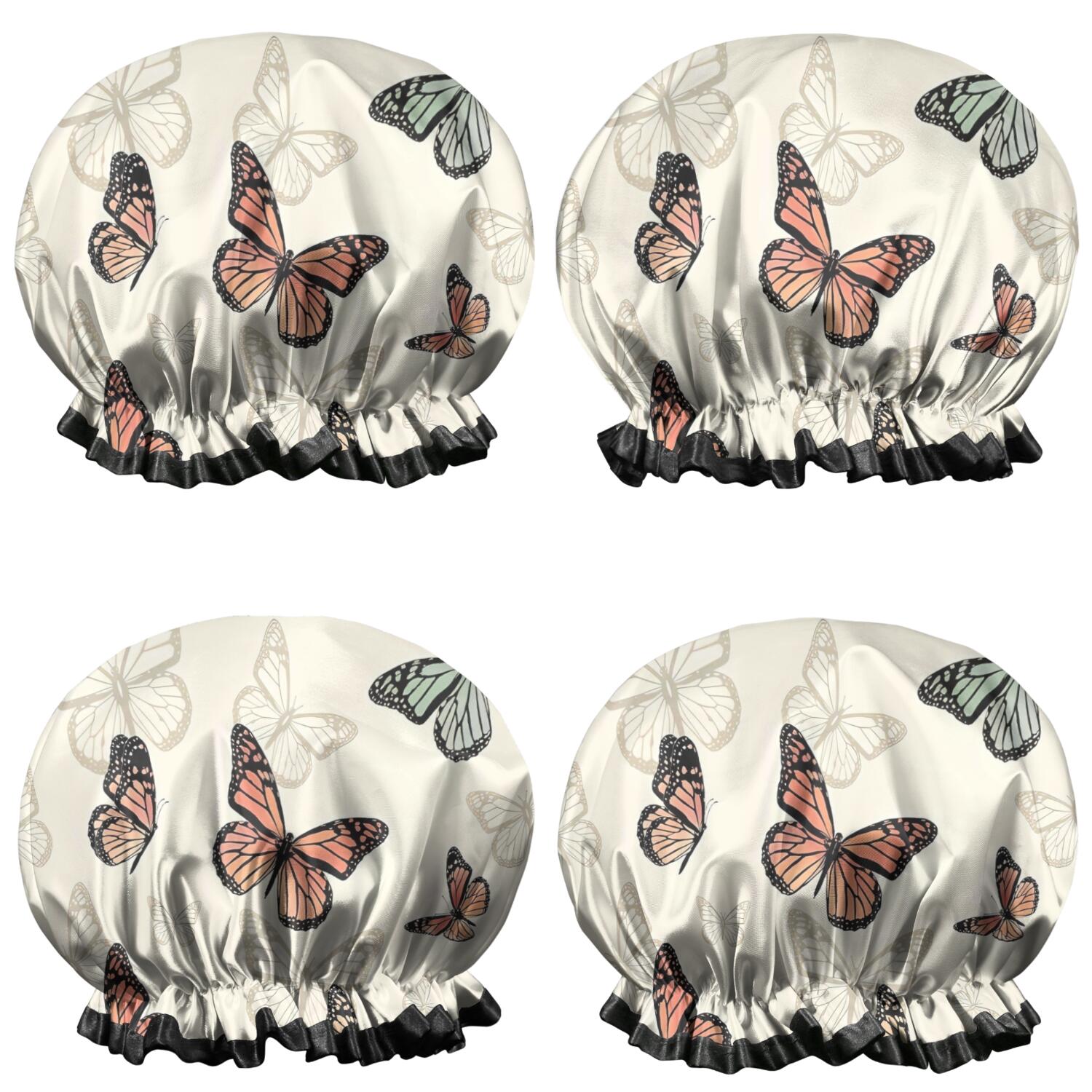 Shower Caps,Beige Butterfly Pattern Waterproof Shower Cap for Women 4 Pieces,Double Reusable Hair Cover for Shower PEVA Elastic Stretch Hem