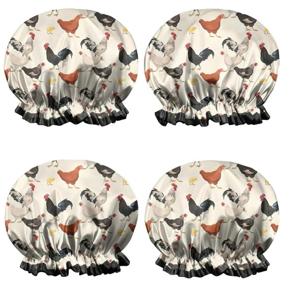 Shower Caps,Beige Chicken Pattern Waterproof Shower Cap for Women 4 Pieces,Double Reusable Hair Cover for Shower PEVA Elastic Stretch Hem