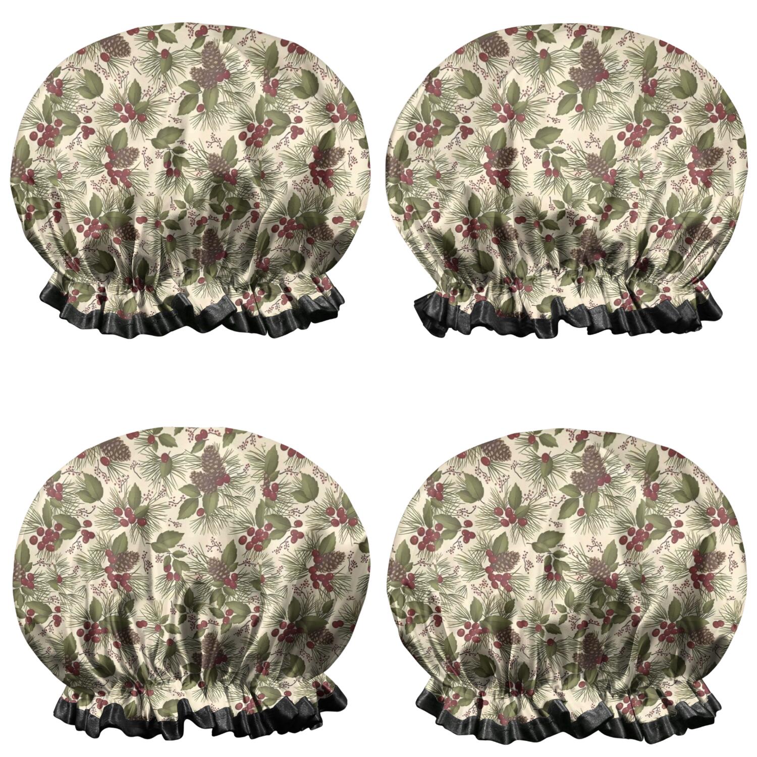 Shower Caps,Beige Christmas Pine Cone Pattern Waterproof Shower Cap for Women 4 Pieces,Double Reusable Hair Cover for Shower PEVA Elastic Stretch Hem