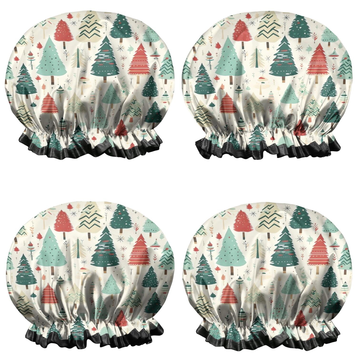 Shower Caps,Beige Christmas Tree Pattern Waterproof Shower Cap for Women 4 Pieces,Double Reusable Hair Cover for Shower PEVA Elastic Stretch Hem