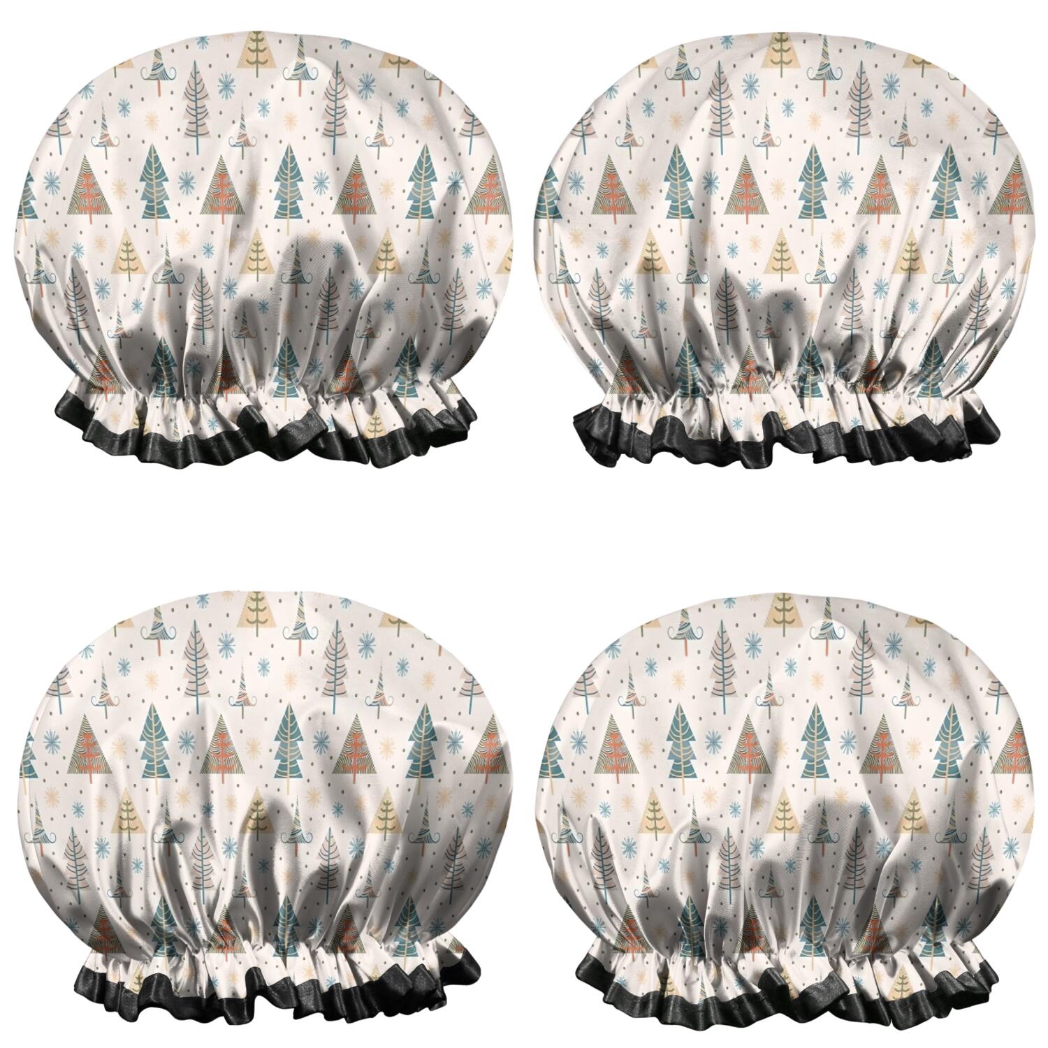 Shower Caps,Beige Christmas Tree Pattern Waterproof Shower Cap for Women 4 Pieces,Double Reusable Hair Cover for Shower PEVA Elastic Stretch Hem