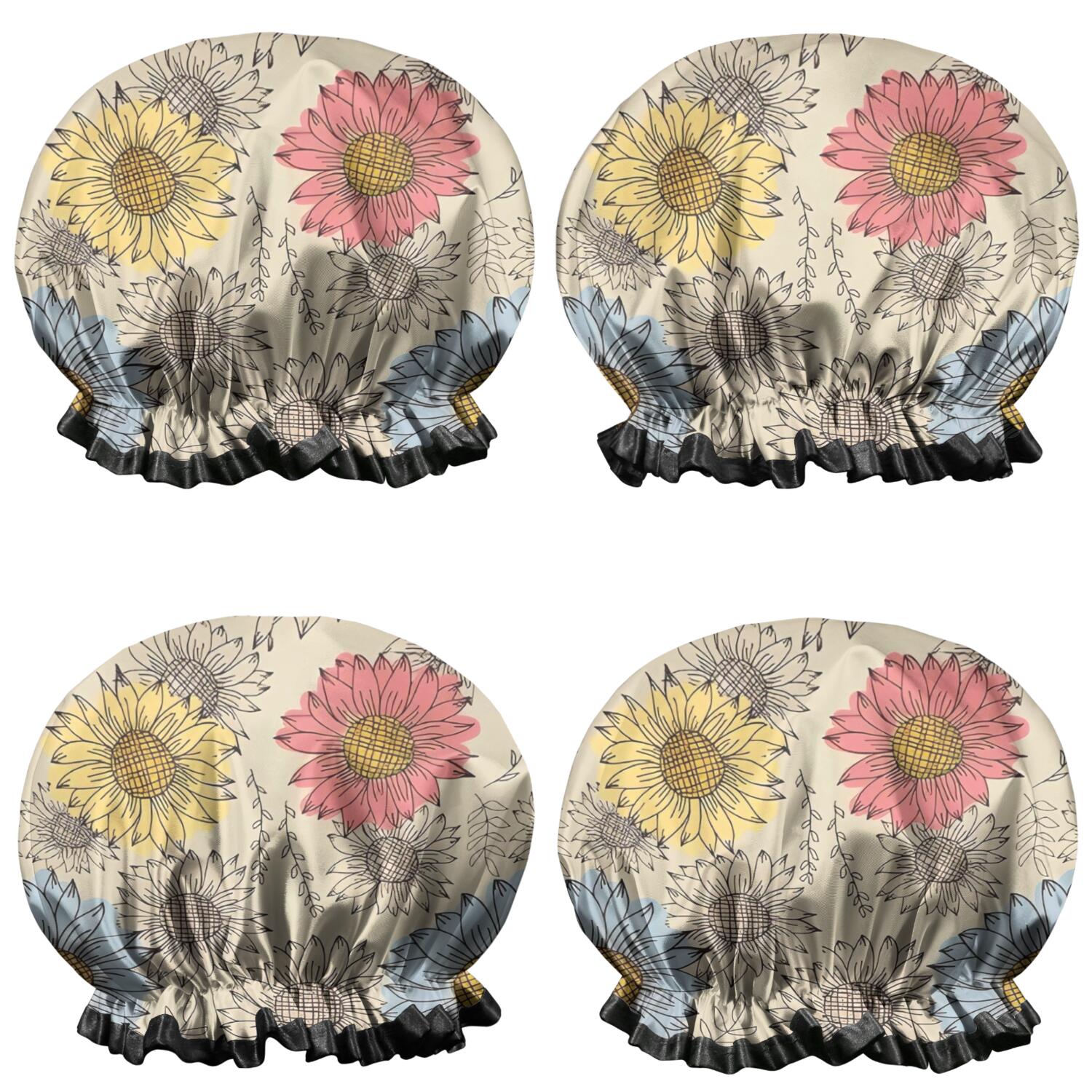 Shower Caps,Beige Colorful Sunflower Pattern Waterproof Shower Cap for Women 4 Pieces,Double Reusable Hair Cover for Shower PEVA Elastic Stretch Hem