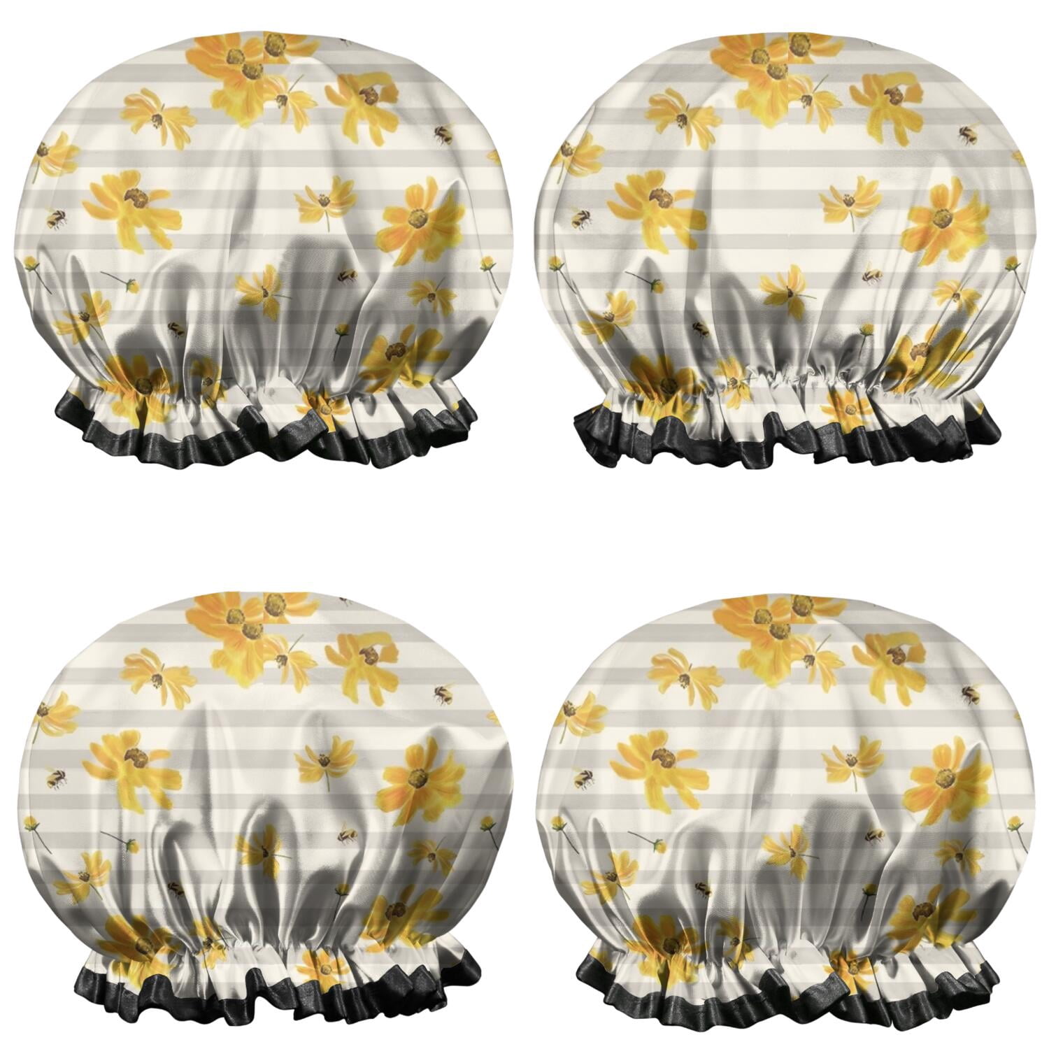 Shower Caps,Beige Daisy Flower Yellow Blooms Pattern Waterproof Shower Cap for Women 4 Pieces,Double Reusable Hair Cover for Shower PEVA Elastic Stretch Hem