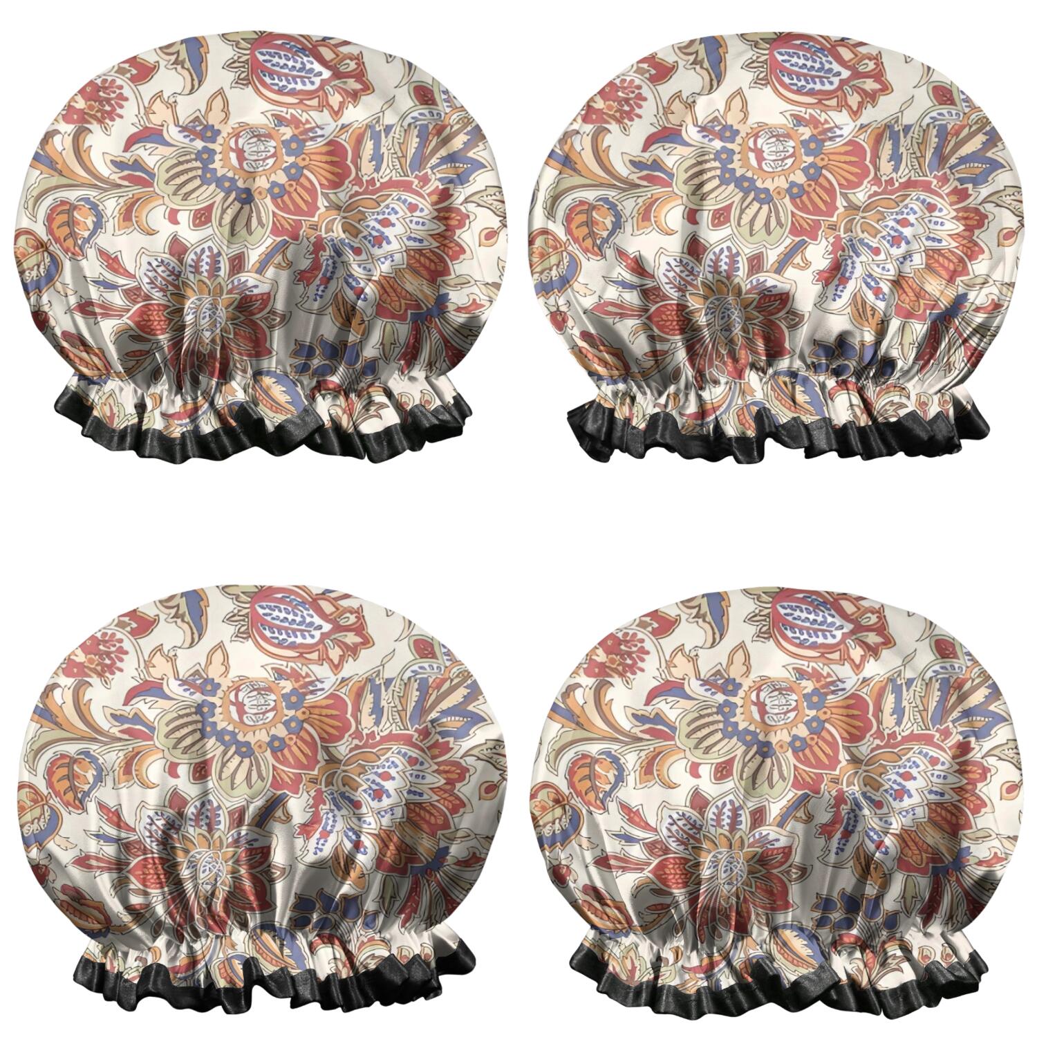 Shower Caps,Beige Floral and Paisley Pattern Waterproof Shower Cap for Women 4 Pieces,Double Reusable Hair Cover for Shower PEVA Elastic Stretch Hem