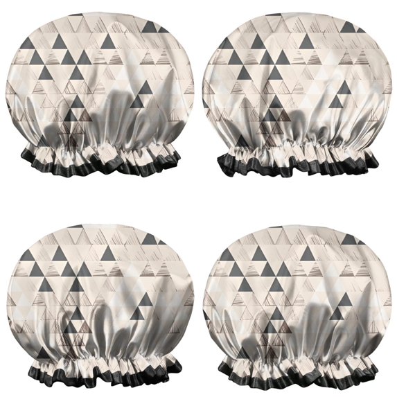 Shower Caps,Beige Geometric Triangle Pattern Waterproof Shower Cap for Women 4 Pieces,Double Reusable Hair Cover for Shower PEVA Elastic Stretch Hem