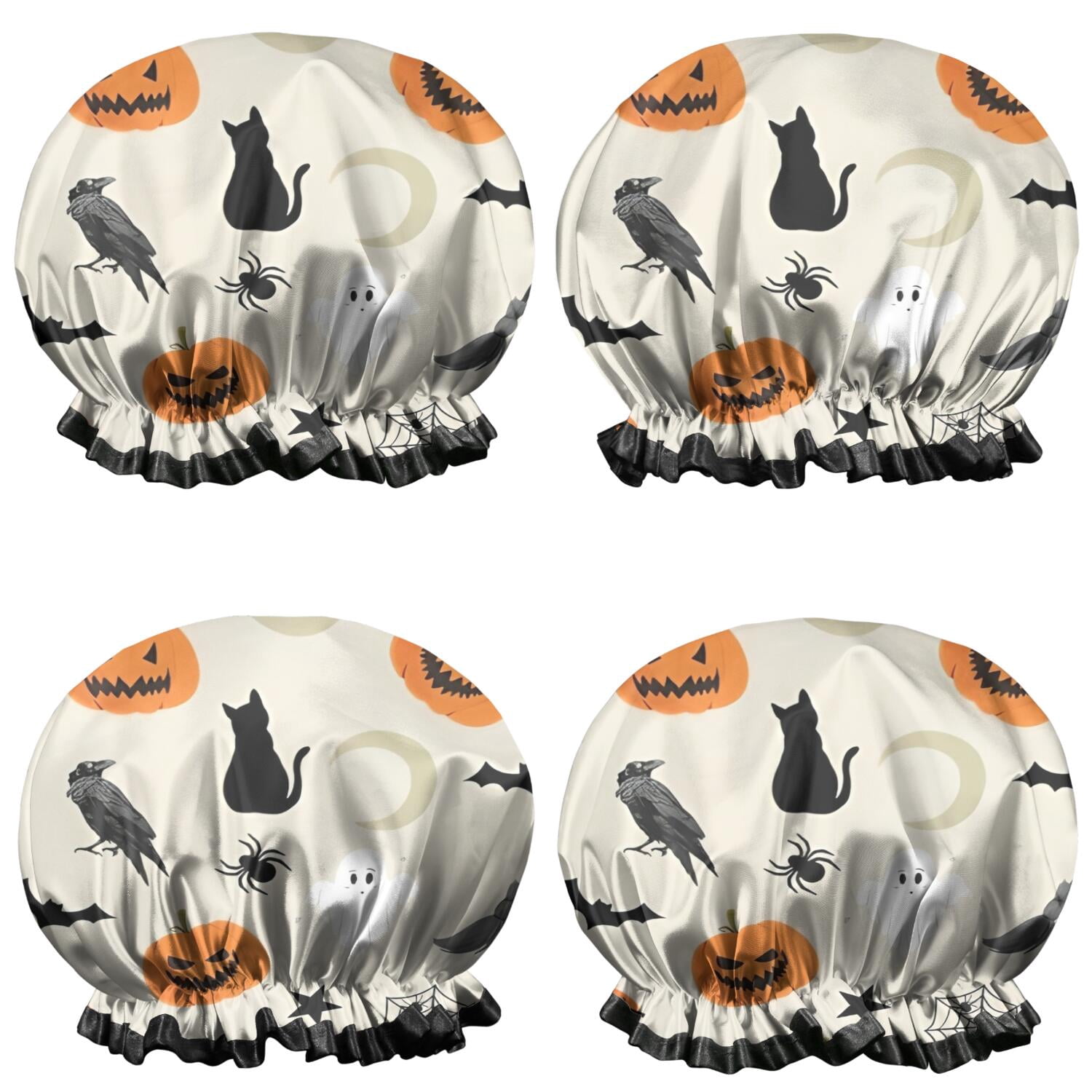Shower Caps,Beige Halloween Pumpkins Ghosts and Bats Waterproof Shower Cap for Women 4 Pieces,Double Reusable Hair Cover for Shower PEVA Elastic Stretch Hem
