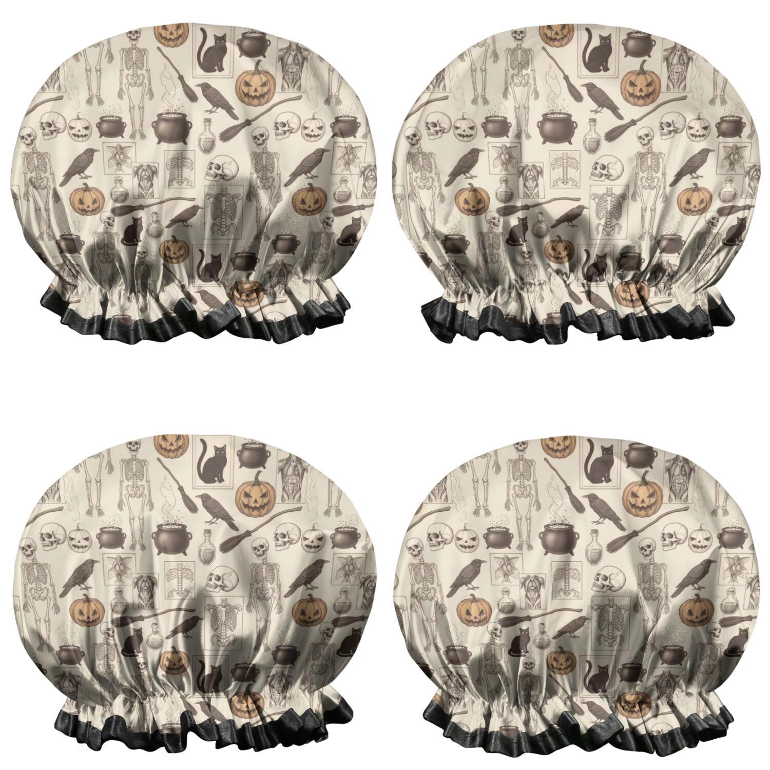 Shower Caps,Beige Halloween Skull Pumpkin Cat Pattern Waterproof Shower Cap for Women 4 Pieces,Double Reusable Hair Cover for Shower PEVA Elastic Stretch Hem