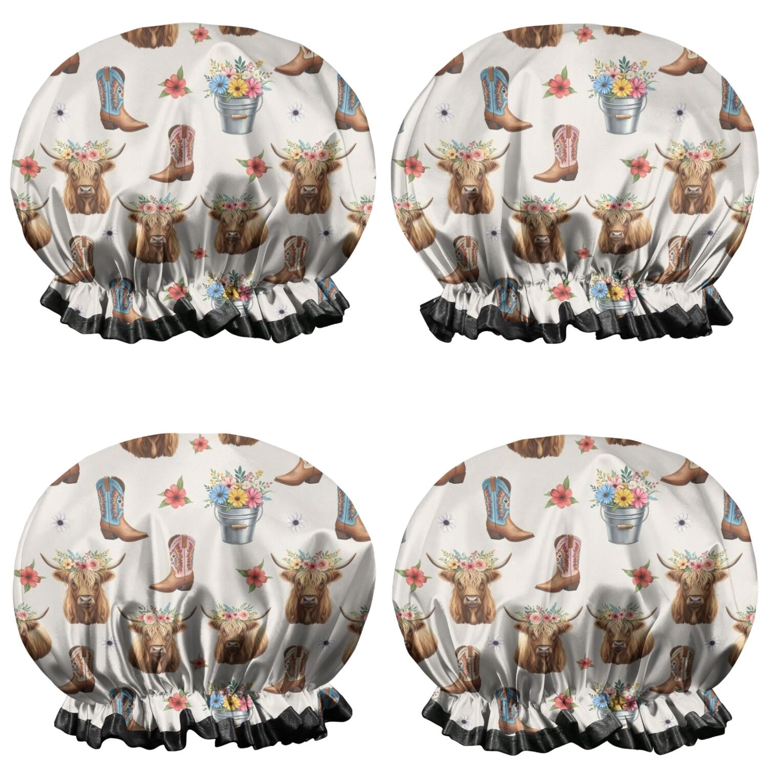 Shower Caps,Beige Highland Cow Boot Flower Pattern Waterproof Shower Cap for Women 4 Pieces,Double Reusable Hair Cover for Shower PEVA Elastic Stretch Hem