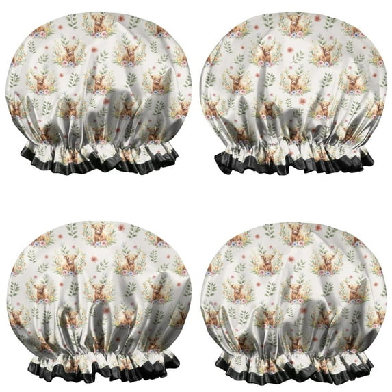 Shower Caps,Beige Highland Cow Flower Pattern Waterproof Shower Cap for Women 4 Pieces,Double Reusable Hair Cover for Shower PEVA Elastic Stretch Hem