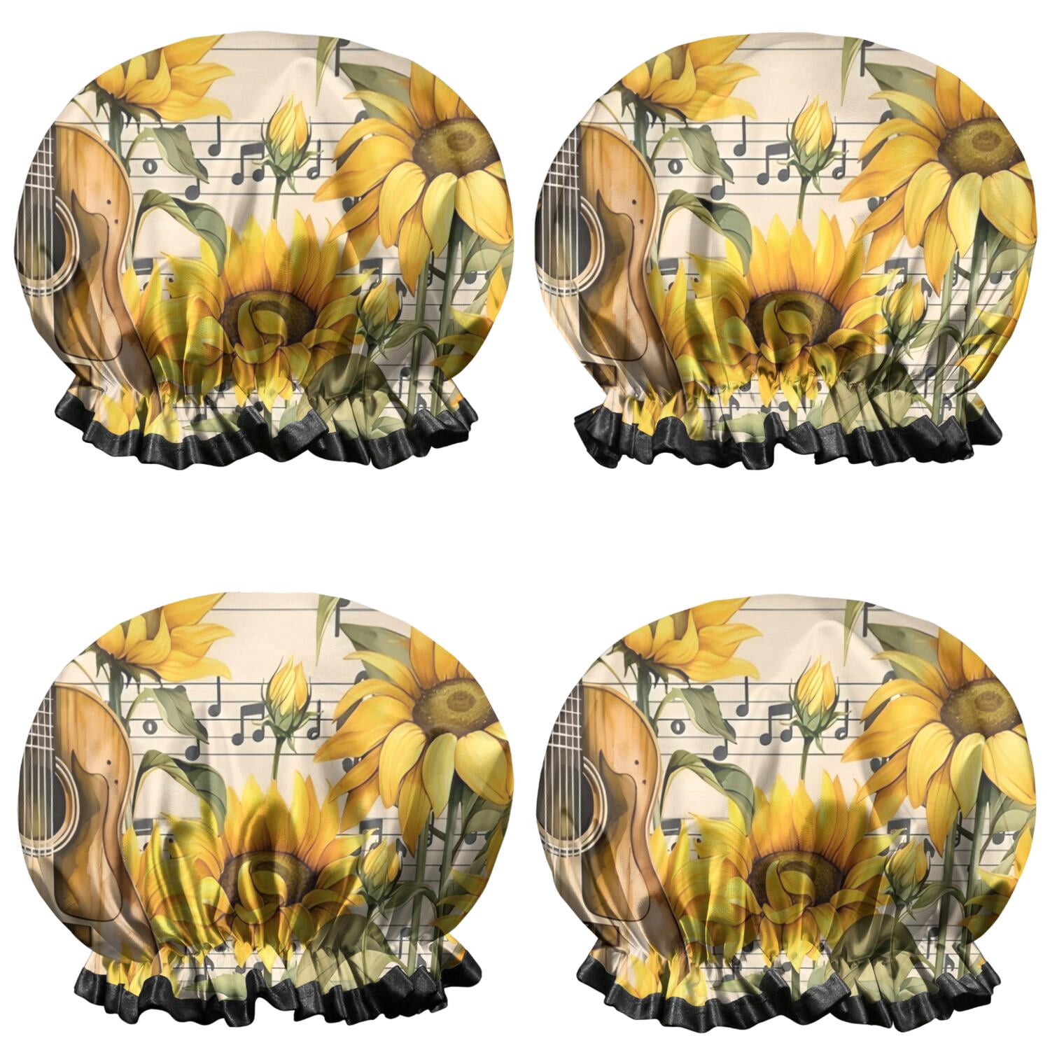 Shower Caps,Beige Music Sunflower Guitar Pattern Waterproof Shower Cap for Women 4 Pieces,Double Reusable Hair Cover for Shower PEVA Elastic Stretch Hem