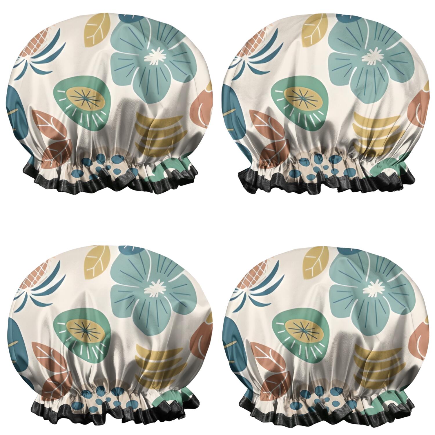 Shower Caps,Beige Pioneer Flower and Leaf Pattern Waterproof Shower Cap for Women 4 Pieces,Double Reusable Hair Cover for Shower PEVA Elastic Stretch Hem