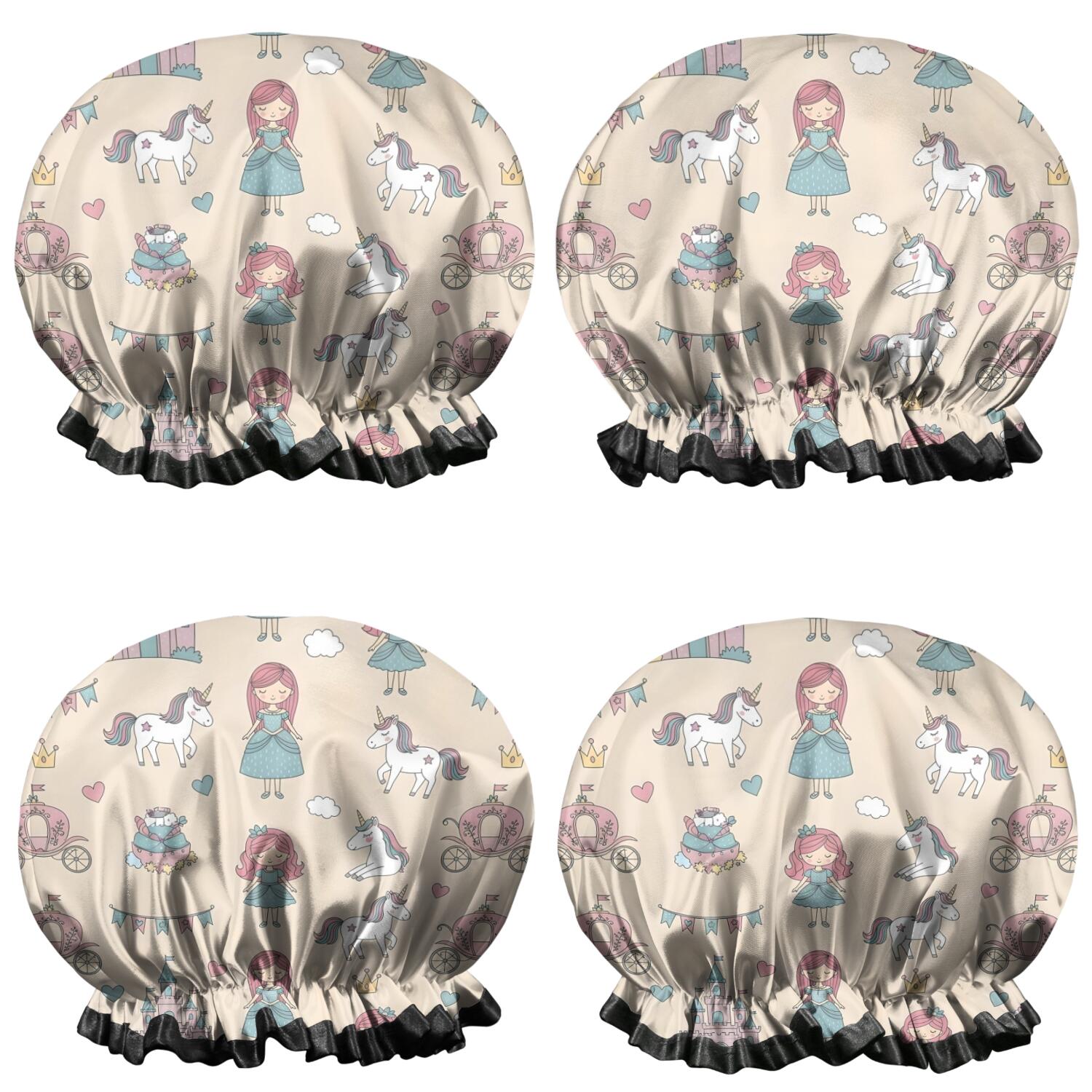 Shower Caps,Beige Princess Carriage Pattern Waterproof Shower Cap for Women 4 Pieces,Double Reusable Hair Cover for Shower PEVA Elastic Stretch Hem