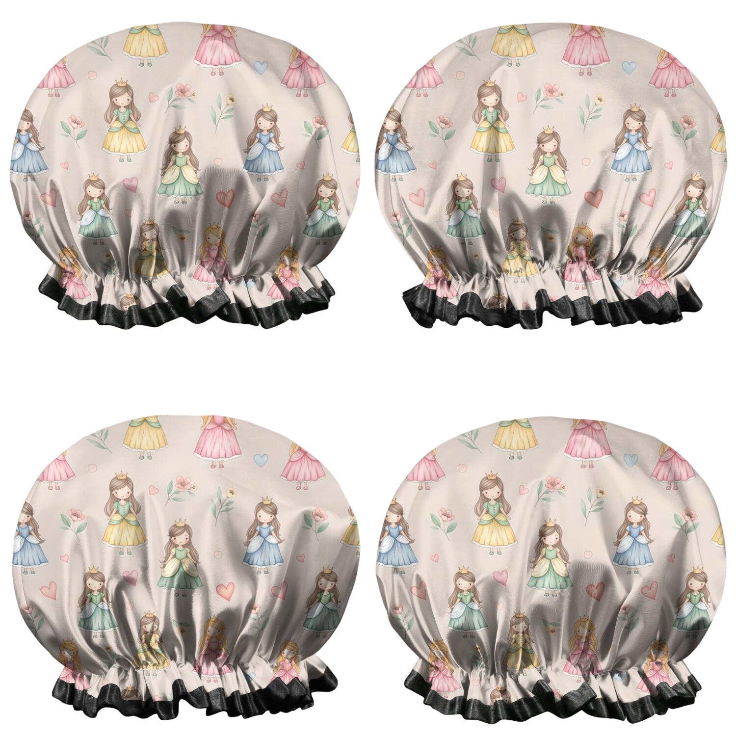 Shower Caps,Beige Princess Watercolor Dress Pattern Waterproof Shower Cap for Women 4 Pieces,Double Reusable Hair Cover for Shower PEVA Elastic Stretch Hem