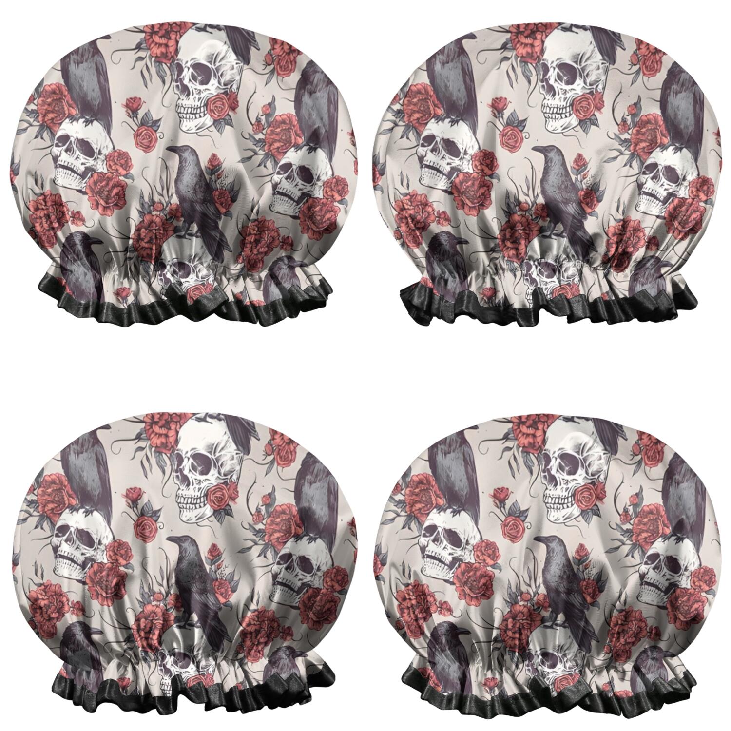 Shower Caps,Beige Skull Crow Flower Pattern Waterproof Shower Cap for Women 4 Pieces,Double Reusable Hair Cover for Shower PEVA Elastic Stretch Hem