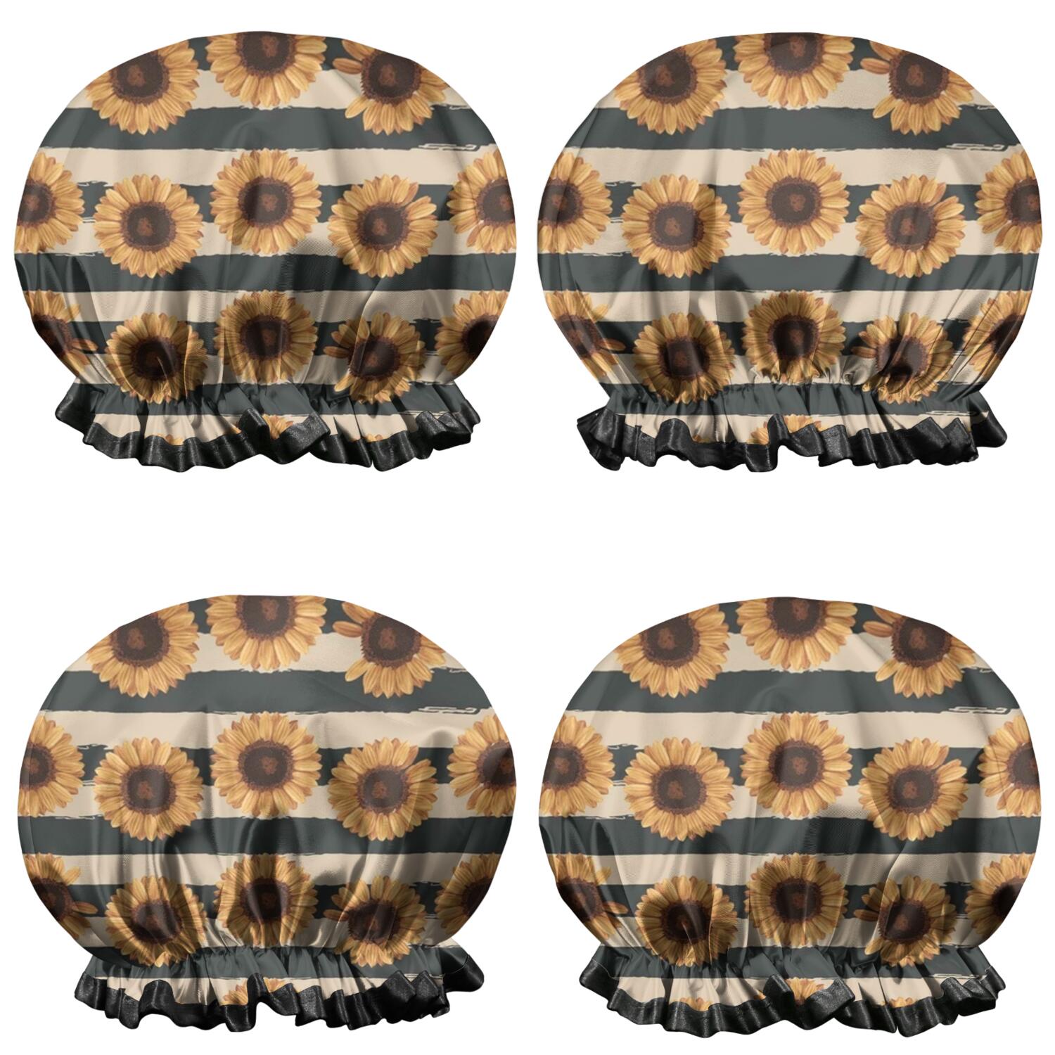 Shower Caps,Beige Stripe Sunflower Pattern Waterproof Shower Cap for Women 4 Pieces,Double Reusable Hair Cover for Shower PEVA Elastic Stretch Hem