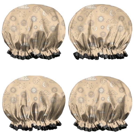 Shower Caps,Beige Sun Moon Cloud Star Pattern Waterproof Shower Cap for Women 4 Pieces,Double Reusable Hair Cover for Shower PEVA Elastic Stretch Hem