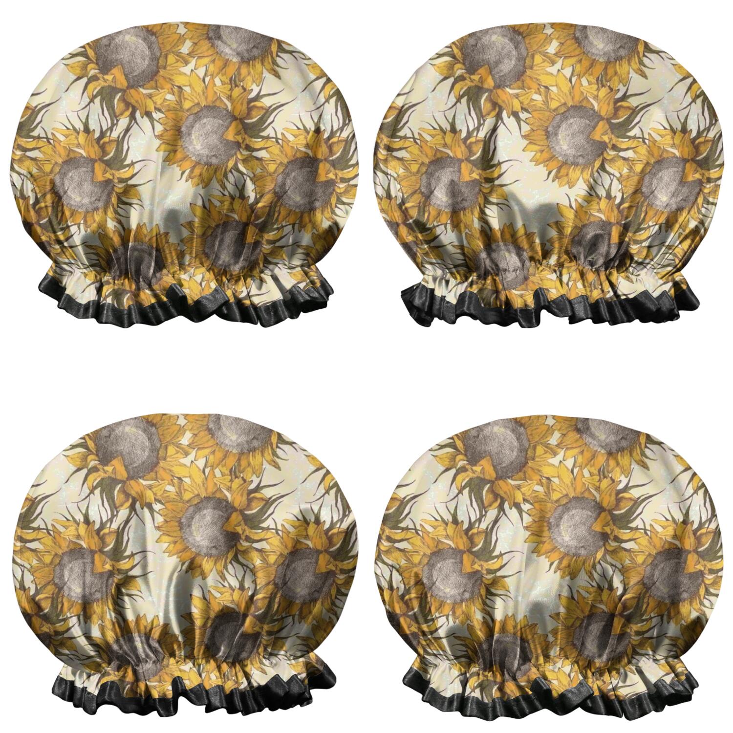 Shower Caps,Beige Sunflower Pattern Waterproof Shower Cap for Women 4 Pieces,Double Reusable Hair Cover for Shower PEVA Elastic Stretch Hem