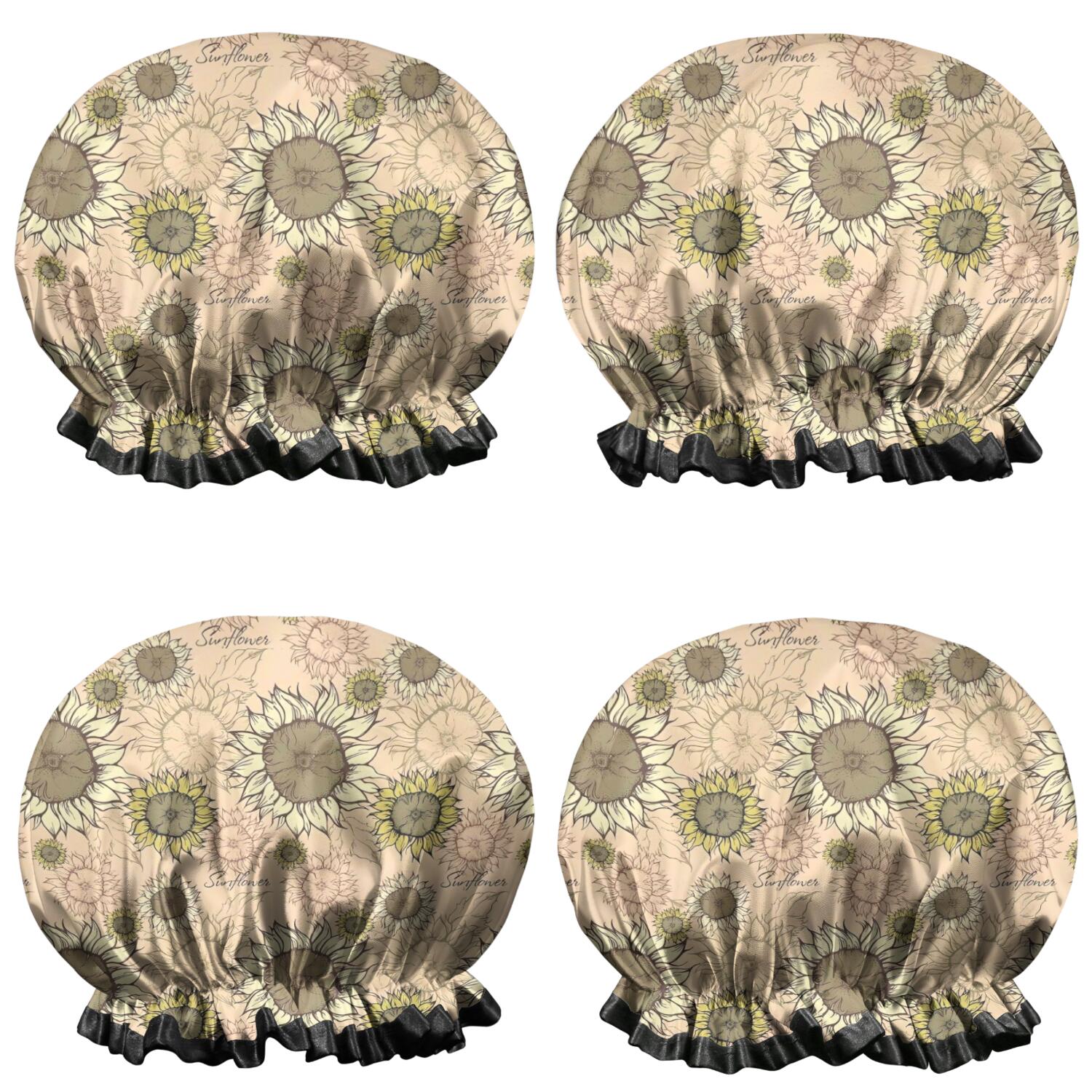 Shower Caps,Beige Sunflower Small Flower Pattern Waterproof Shower Cap for Women 4 Pieces,Double Reusable Hair Cover for Shower PEVA Elastic Stretch Hem