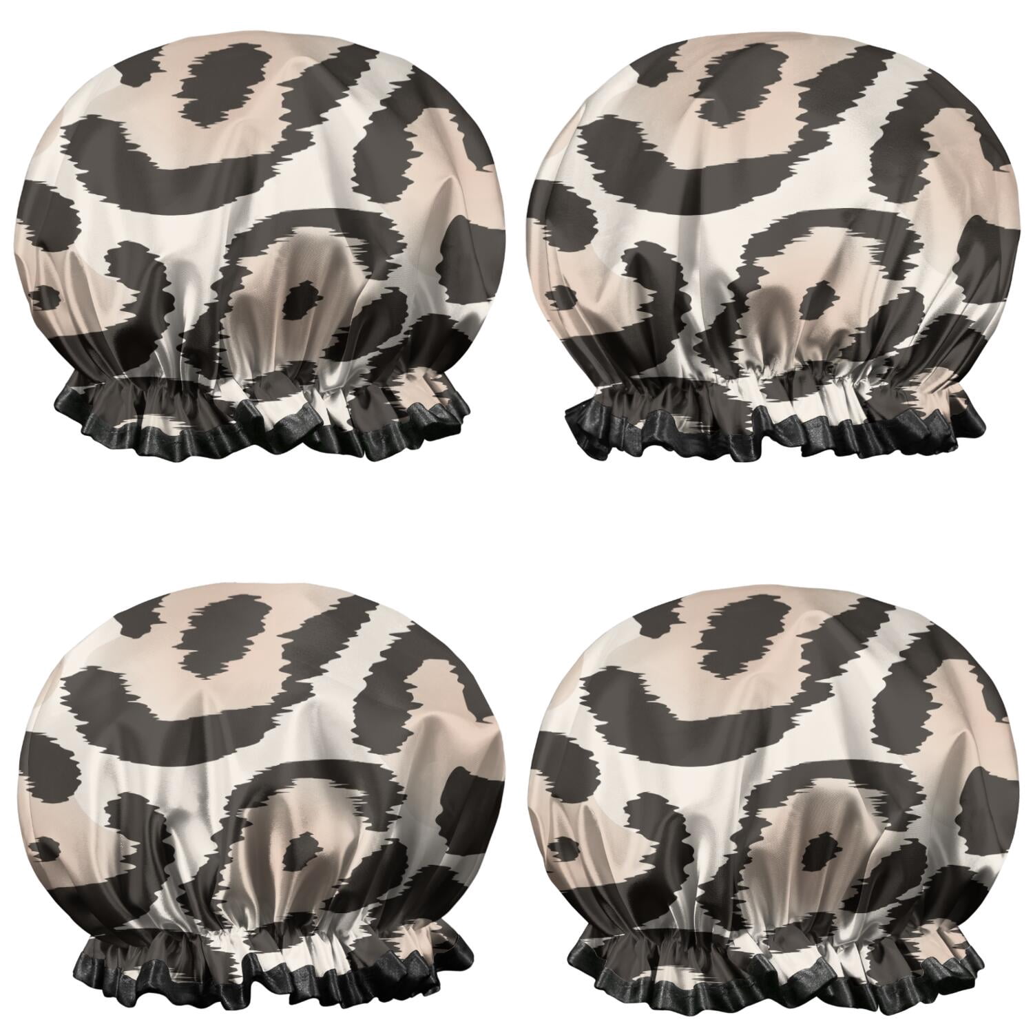 Shower Caps,Beige and Black Leopard Pattern Waterproof Shower Cap for Women 4 Pieces,Double Reusable Hair Cover for Shower PEVA Elastic Stretch Hem