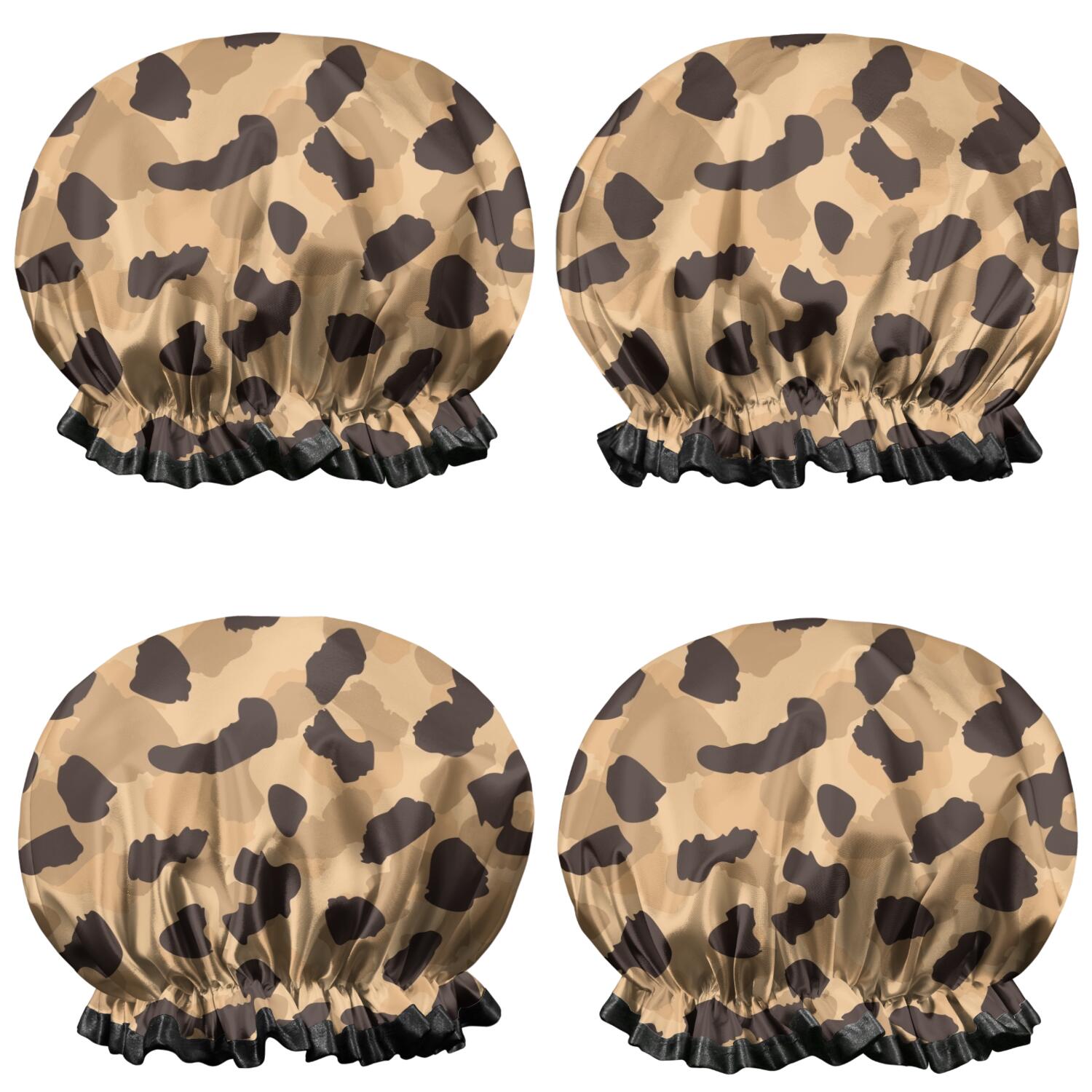 Shower Caps,Beige and Black Leopard Pattern Waterproof Shower Cap for Women 4 Pieces,Double Reusable Hair Cover for Shower PEVA Elastic Stretch Hem
