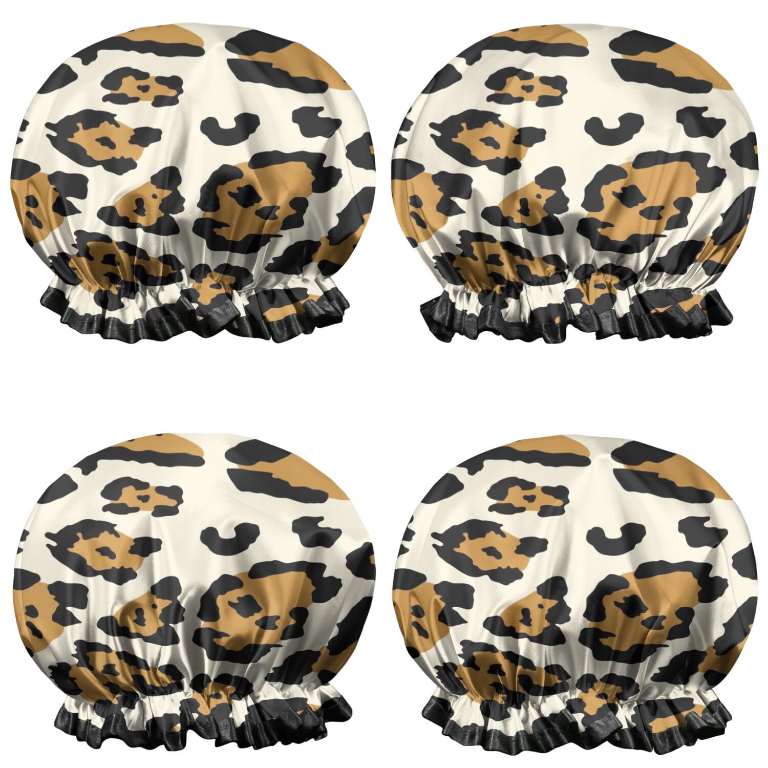 Shower Caps,Beige and Black Of Leopard Print Waterproof Shower Cap for Women 4 Pieces,Double Reusable Hair Cover for Shower PEVA Elastic Stretch Hem
