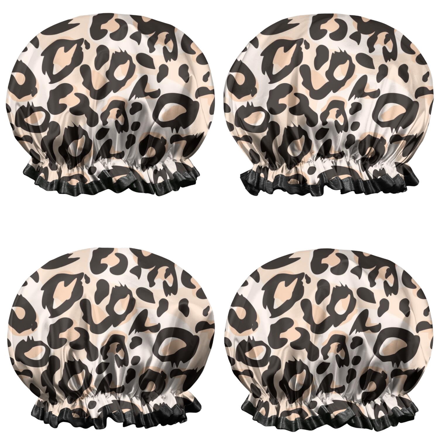 Shower Caps,Beige and Black Of Leopard Print Waterproof Shower Cap for Women 4 Pieces,Double Reusable Hair Cover for Shower PEVA Elastic Stretch Hem