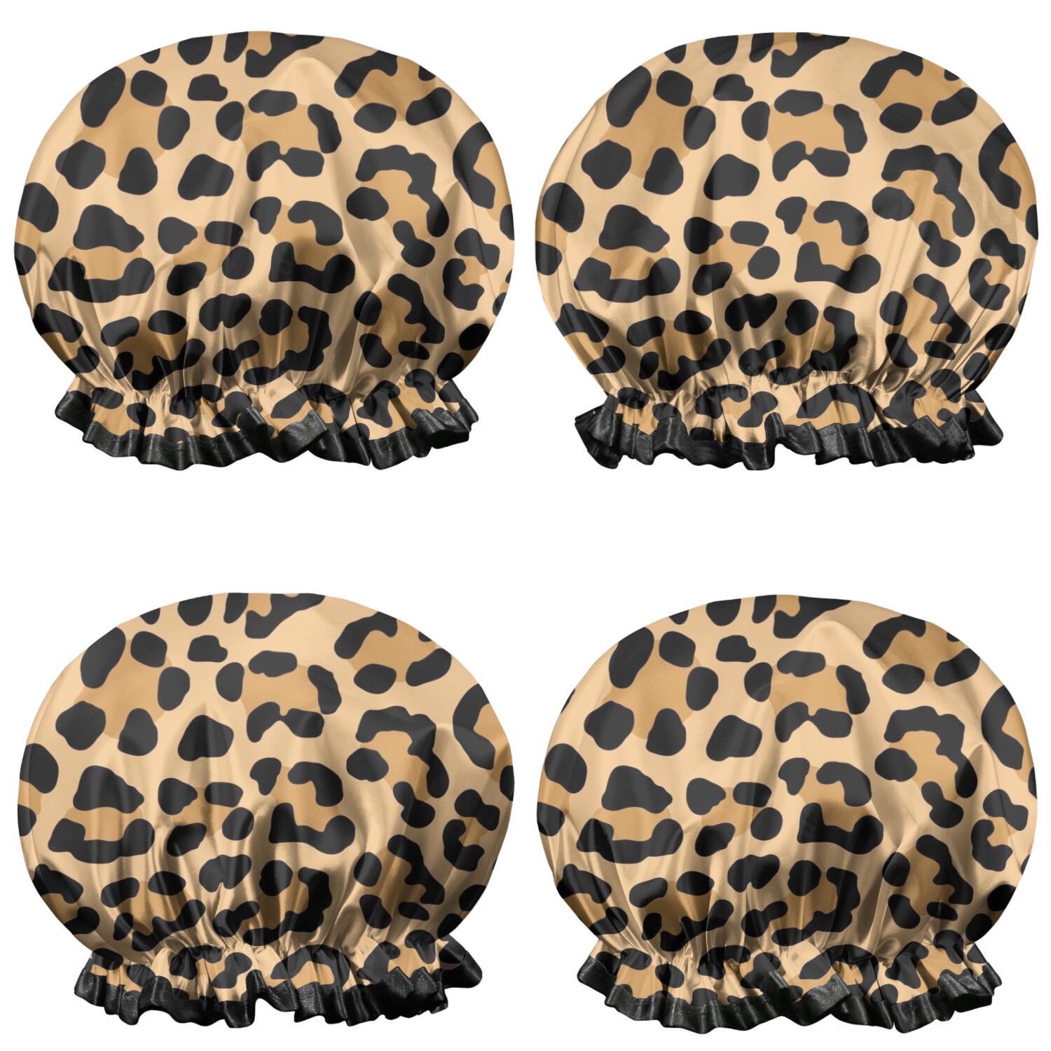 Shower Caps,Beige and Black Of Leopard Print Waterproof Shower Cap for Women 4 Pieces,Double Reusable Hair Cover for Shower PEVA Elastic Stretch Hem