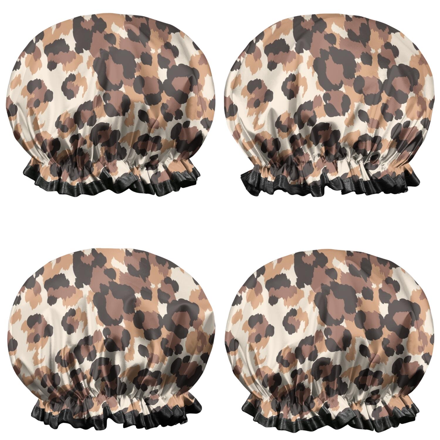 Shower Caps,Beige and Brown Leopard Pattern Waterproof Shower Cap for Women 4 Pieces,Double Reusable Hair Cover for Shower PEVA Elastic Stretch Hem