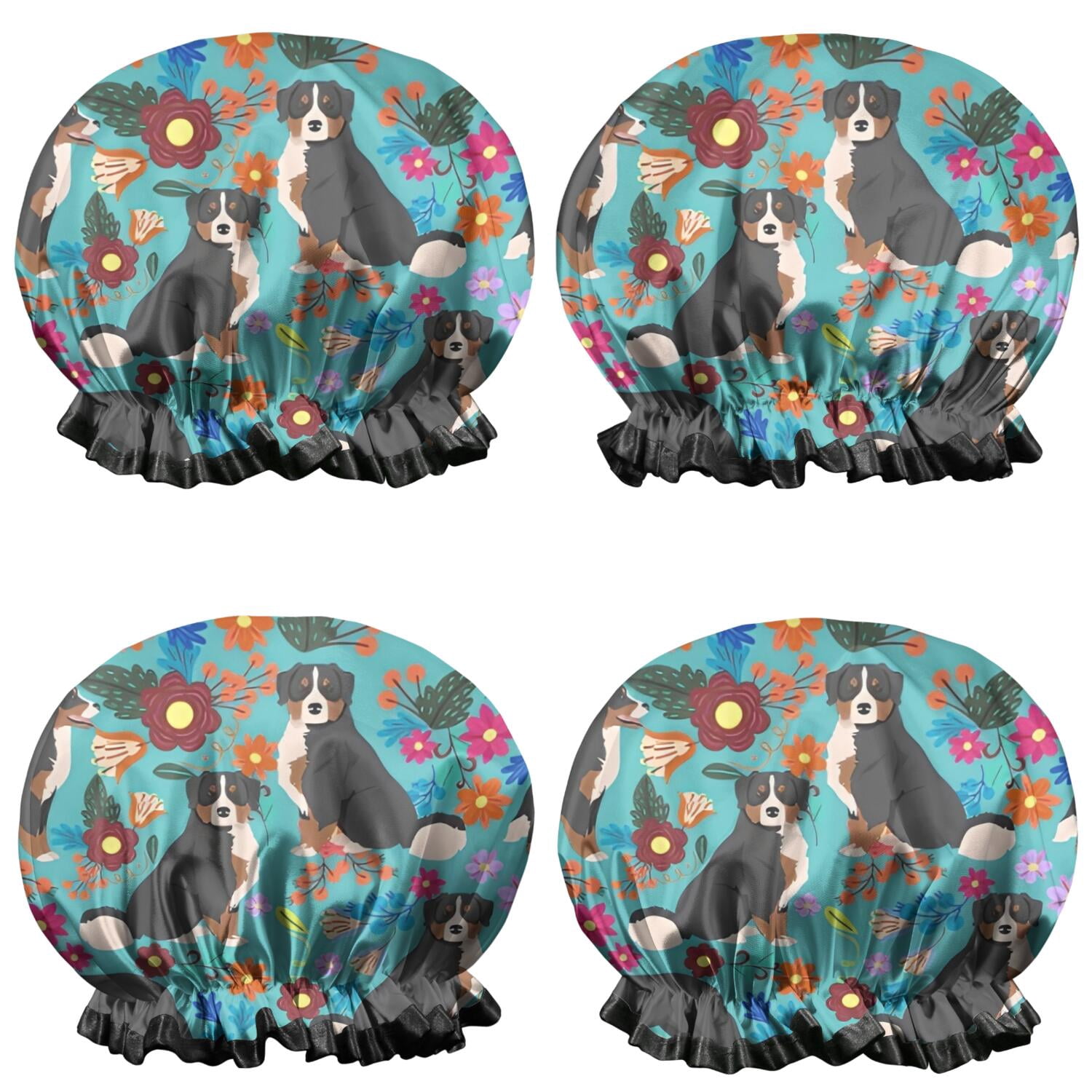 Shower Caps,Bernese Mountain and Flower Waterproof Shower Cap for Women 4 Pieces,Double Reusable Hair Cover for Shower PEVA Elastic Stretch Hem