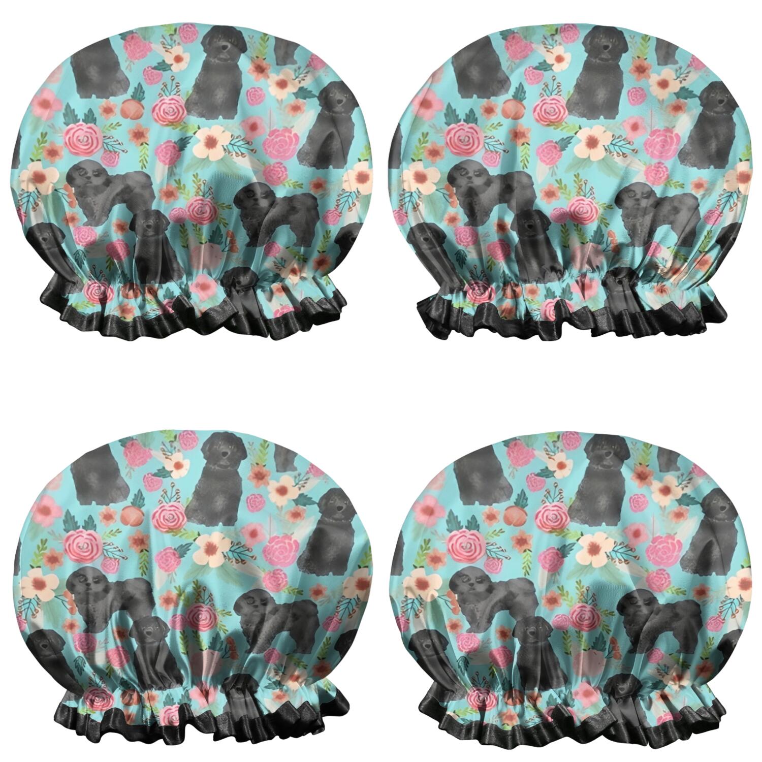 Shower Caps,Bichon Dog Blue Florals Waterproof Shower Cap for Women 4 Pieces,Double Reusable Hair Cover for Shower PEVA Elastic Stretch Hem