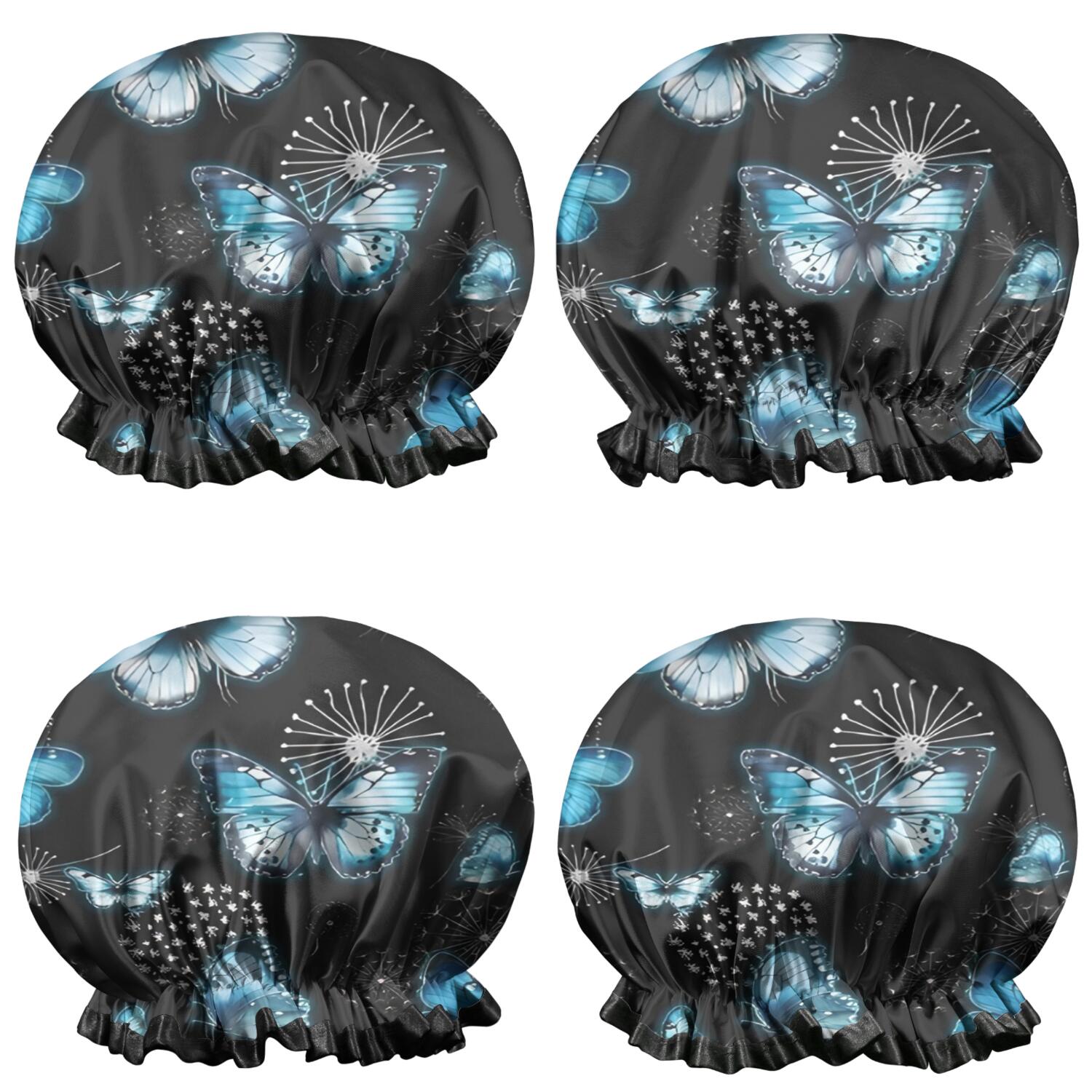 Shower Caps,Black Blue Butterfly Dandelion Pattern Waterproof Shower Cap for Women 4 Pieces,Double Reusable Hair Cover for Shower PEVA Elastic Stretch Hem
