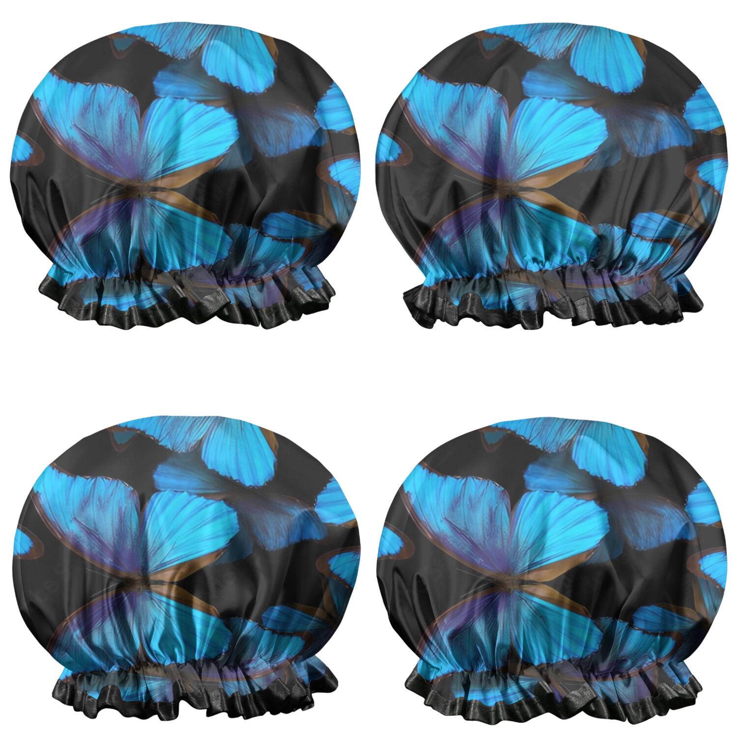 Shower Caps,Black Blue Butterfly Pattern Waterproof Shower Cap for Women 4 Pieces,Double Reusable Hair Cover for Shower PEVA Elastic Stretch Hem