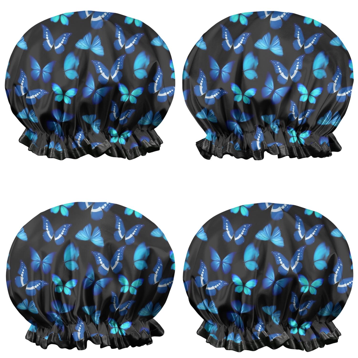 Shower Caps,Black Blue Butterfly Pattern Waterproof Shower Cap for Women 4 Pieces,Double Reusable Hair Cover for Shower PEVA Elastic Stretch Hem