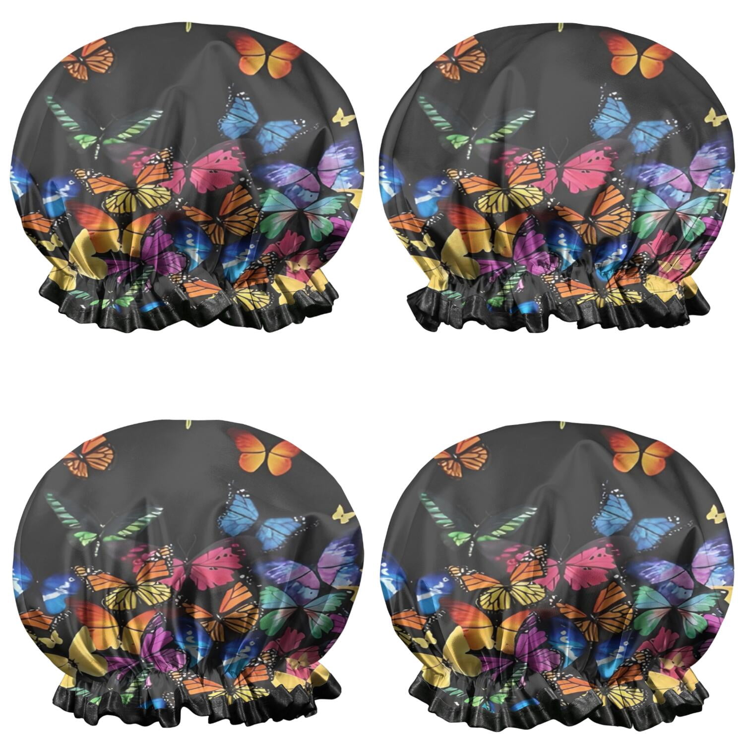 Shower Caps,Black Blue Orange Butterfly Pattern Waterproof Shower Cap for Women 4 Pieces,Double Reusable Hair Cover for Shower PEVA Elastic Stretch Hem