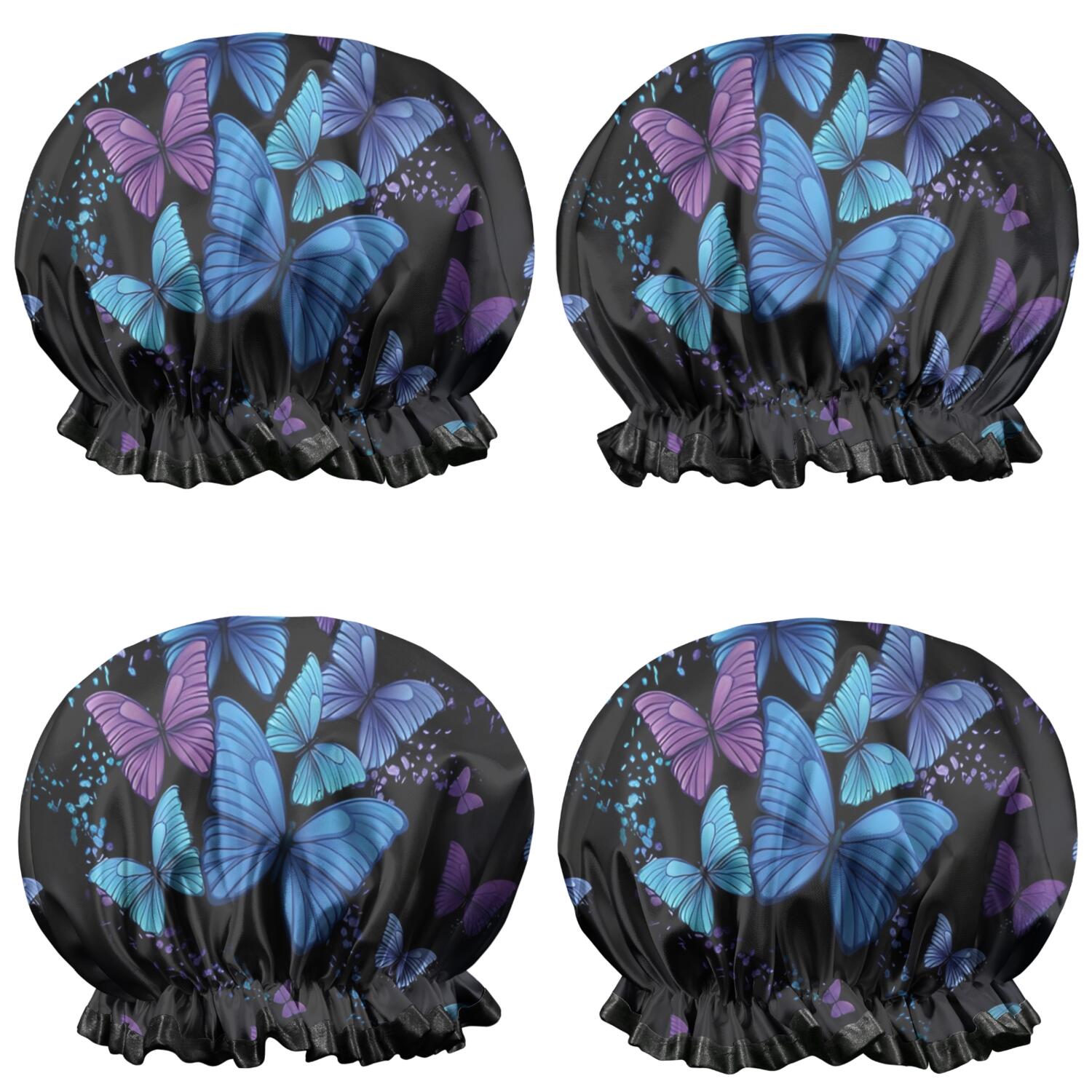 Shower Caps,Black Blue Purple Butterfly Pattern Waterproof Shower Cap for Women 4 Pieces,Double Reusable Hair Cover for Shower PEVA Elastic Stretch Hem