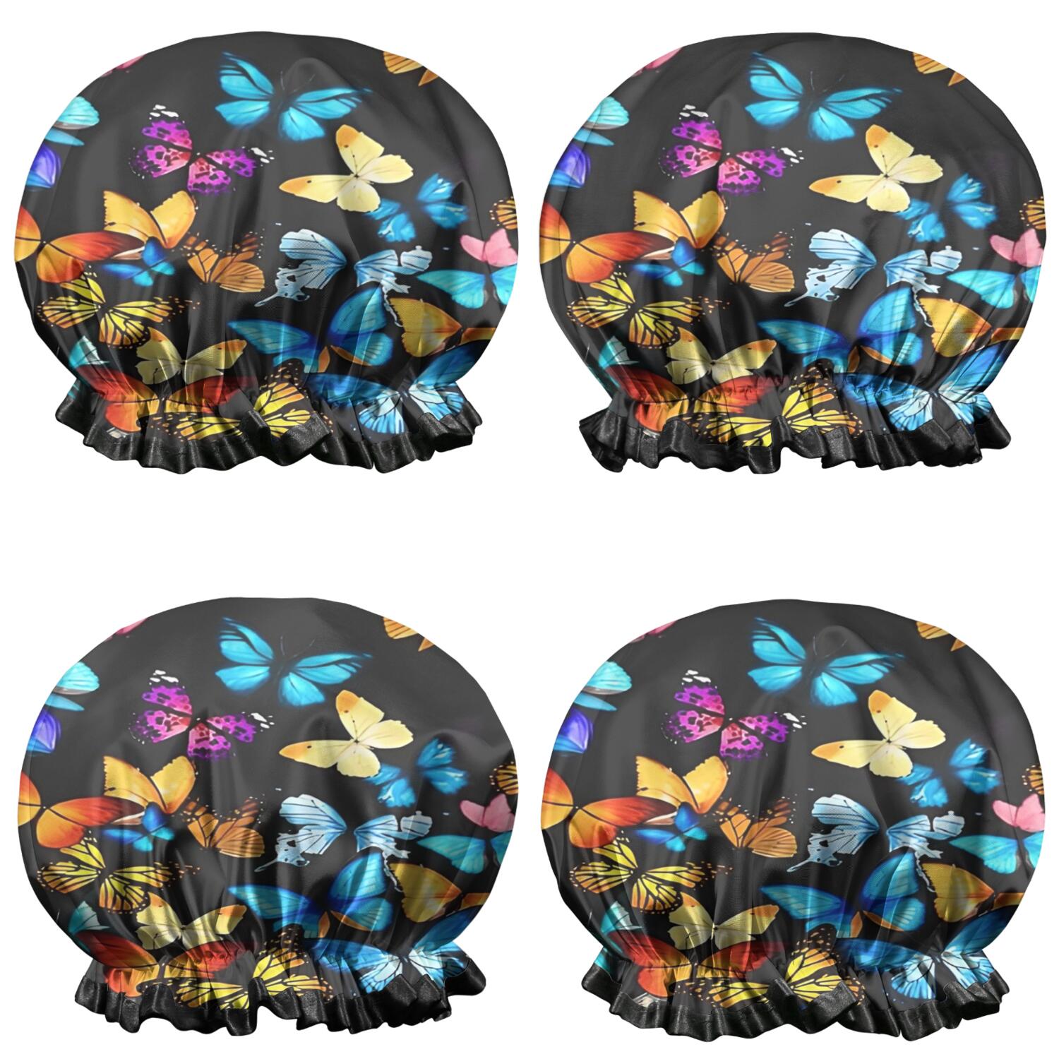 Shower Caps,Black Blue Yellow Butterfly Pattern Waterproof Shower Cap for Women 4 Pieces,Double Reusable Hair Cover for Shower PEVA Elastic Stretch Hem